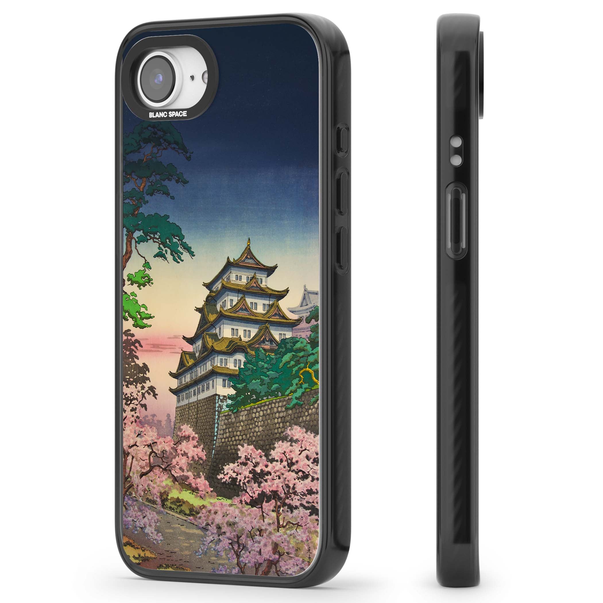 Nagoya Castle Japanese iPhone case featuring a vintage pagoda, twilight sky and cherry blossom trees | Black Impact Magsafe case for iPhone 16e, iPhone 17e