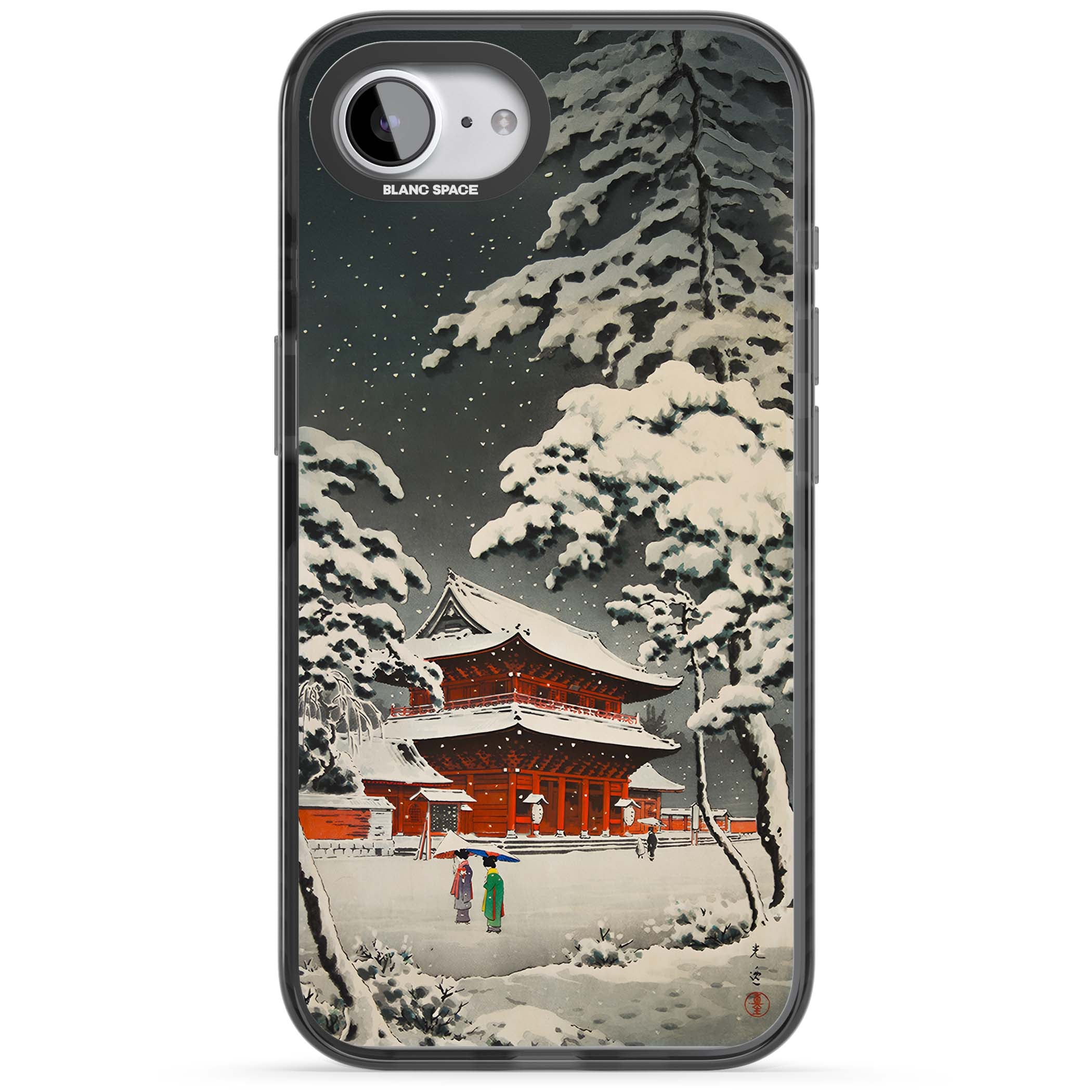 Snow at Shiha Park, Tokyo Japanese art iPhone case featuring a vintage ukiyo-e snowy temple, red pagoda, and snow-covered pin | Black Impact Magsafe case for iPhone 16e, iPhone 17e