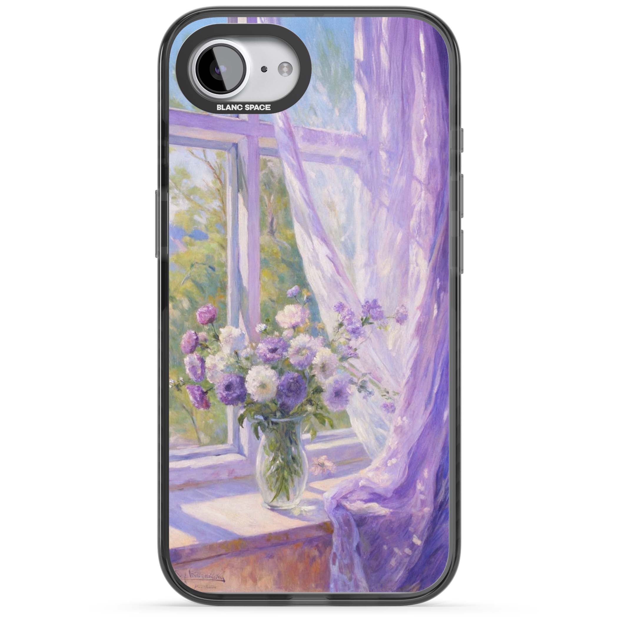 A Provence Morning impressionist art iPhone case featuring a vase of purple flowers, sunlit window and sheer curt | Black Impact Magsafe case for iPhone 16e, iPhone 17e