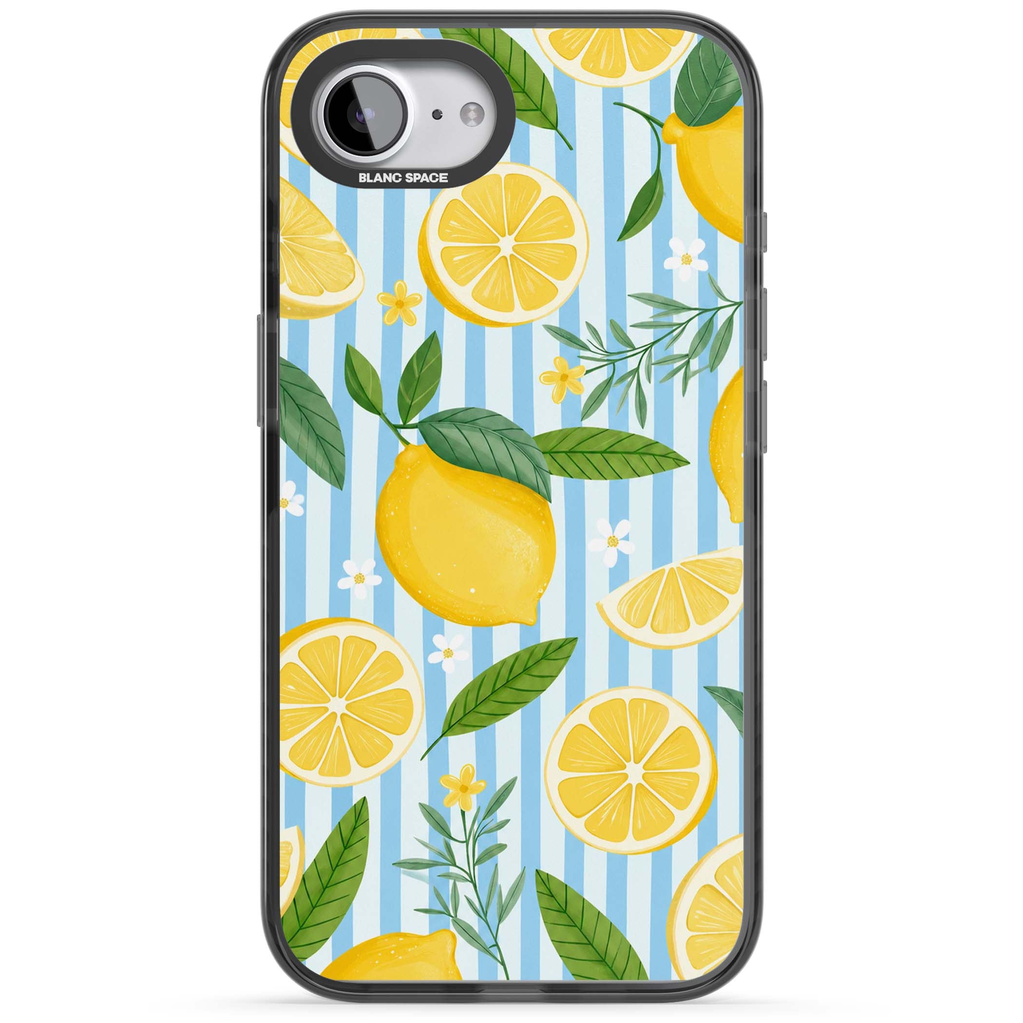 Capri Citrus Stripe coastal iPhone case featuring yellow lemons, blue stripes, and white daisy blossoms | Black Impact Magsafe case for iPhone 16e, iPhone 17e