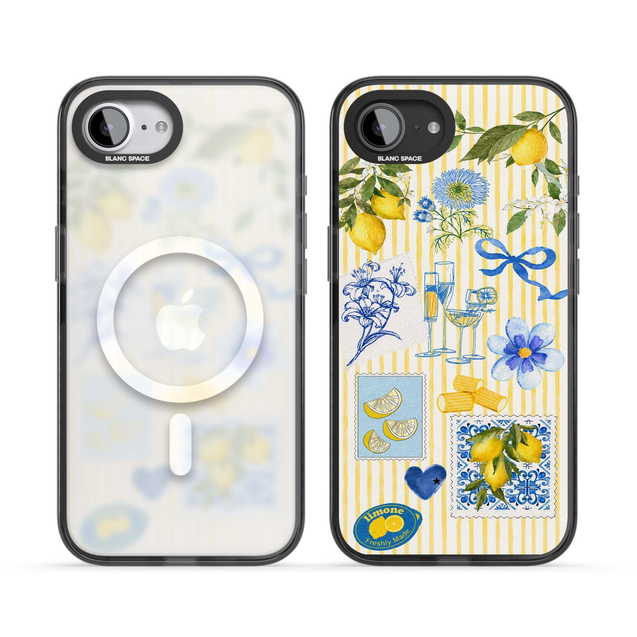 Limone Riviera Italian summer iPhone case featuring watercolour lemons, blue ribbon bows and majolica tile stamps on... | Black Impact Magsafe case for iPhone 16e, iPhone 17e