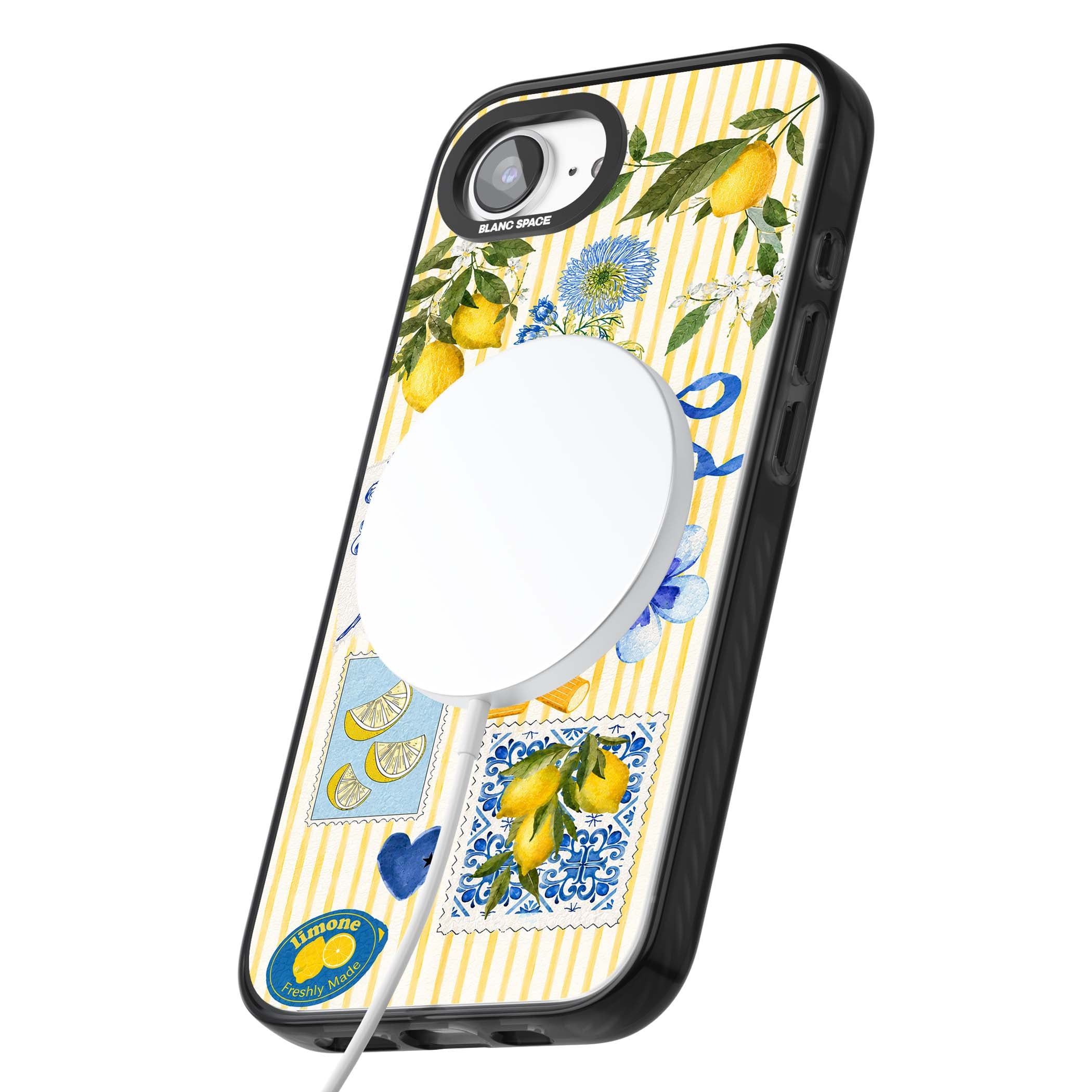 Limone Riviera Italian summer iPhone case featuring watercolour lemons, blue ribbon bows and majolica tile stamps on... | Black Impact Magsafe case for iPhone 16e, iPhone 17e