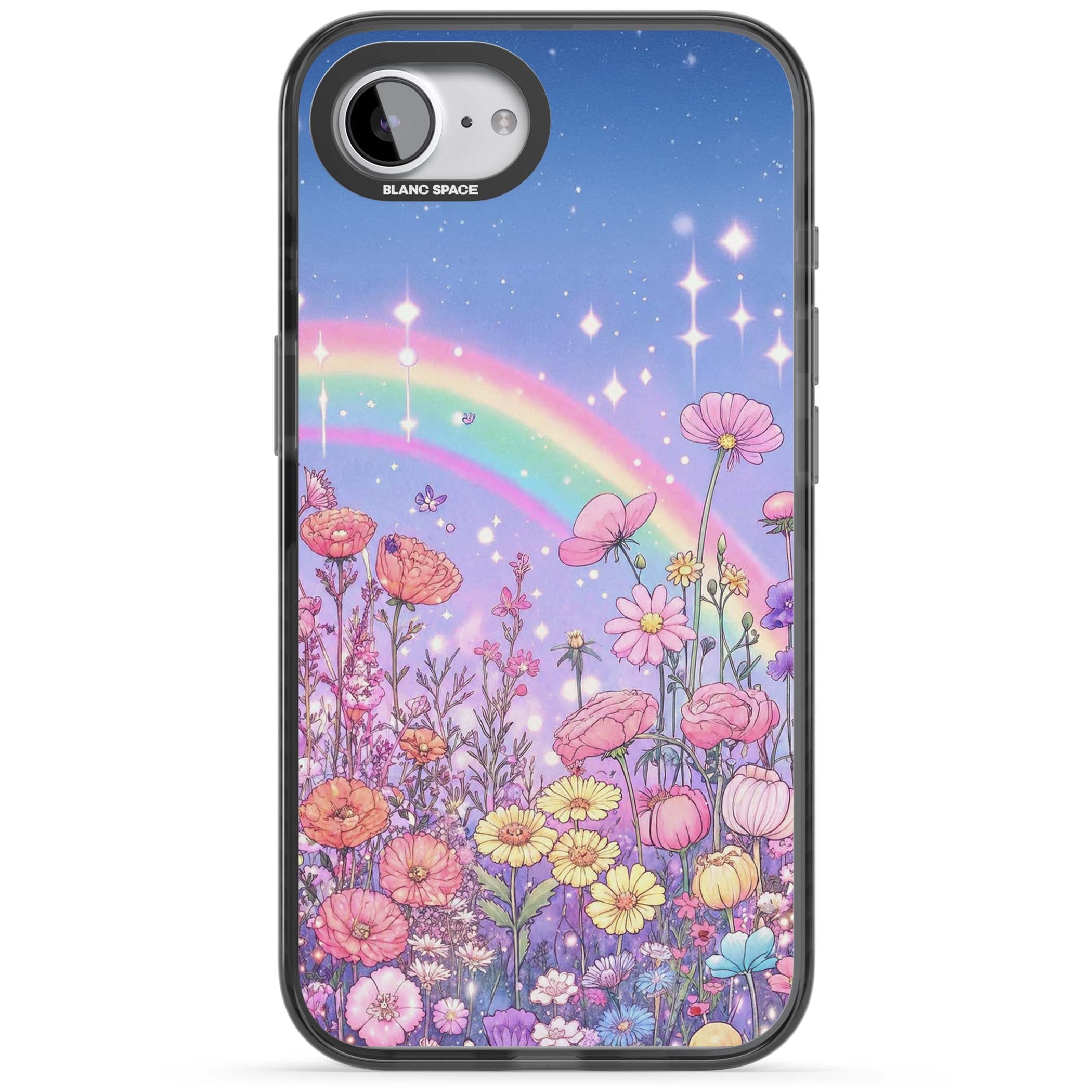 Magical Meadow fairycore iPhone case featuring a pastel rainbow, sparkling stars and a wildflower meadow | Black Impact Magsafe case for iPhone 16e, iPhone 17e