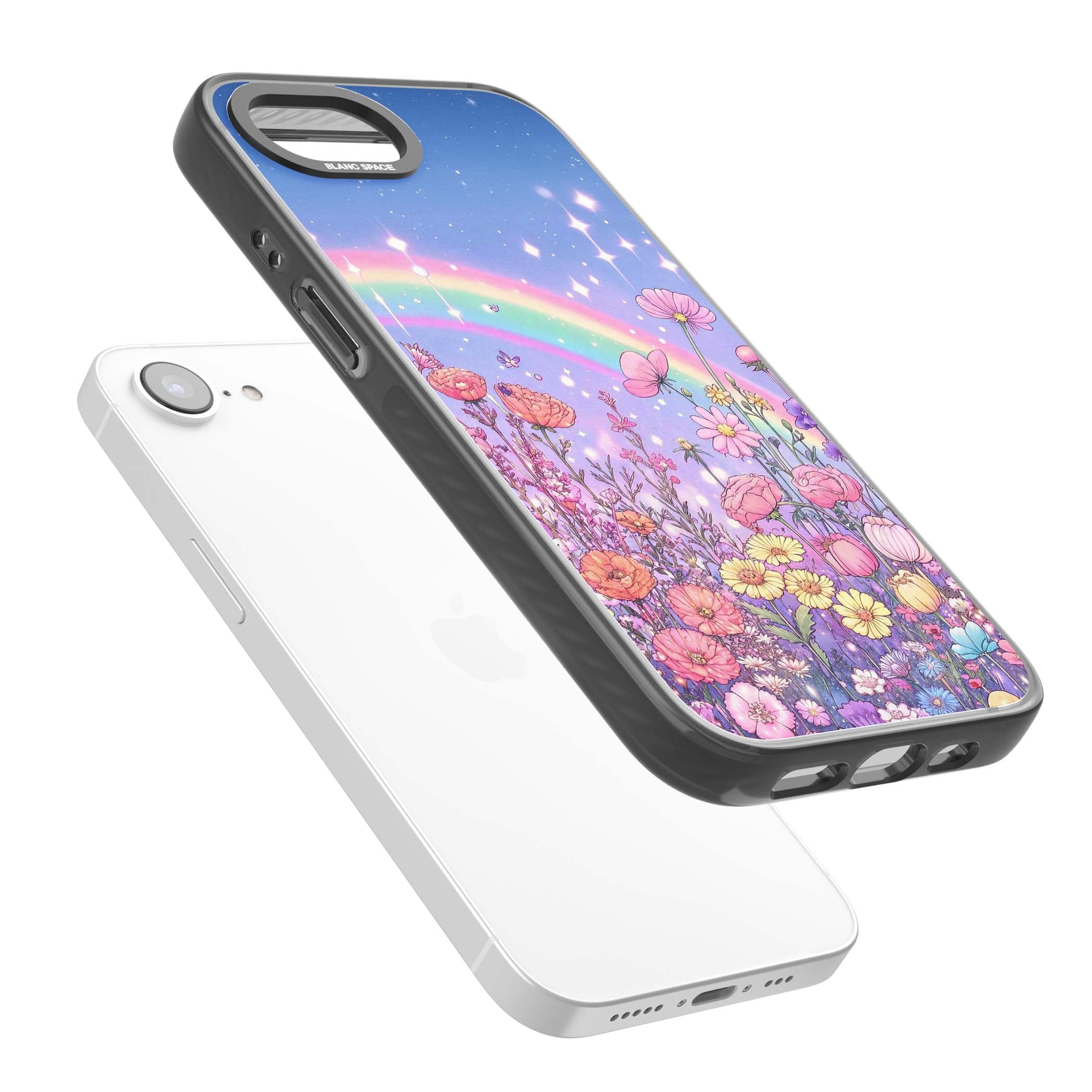 Magical Meadow fairycore iPhone case featuring a pastel rainbow, sparkling stars and a wildflower meadow | Black Impact Magsafe case for iPhone 16e, iPhone 17e