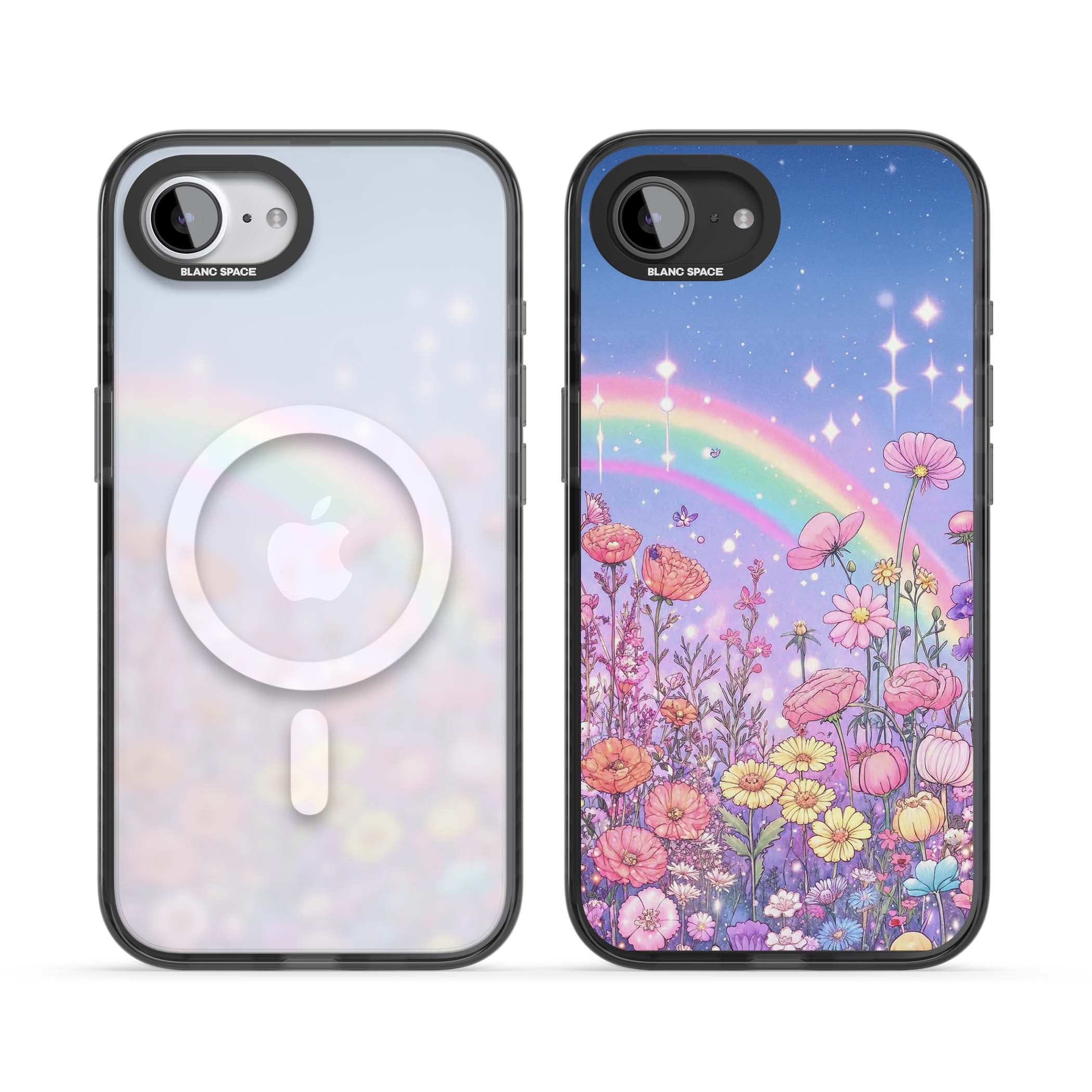 Magical Meadow fairycore iPhone case featuring a pastel rainbow, sparkling stars and a wildflower meadow | Black Impact Magsafe case for iPhone 16e, iPhone 17e
