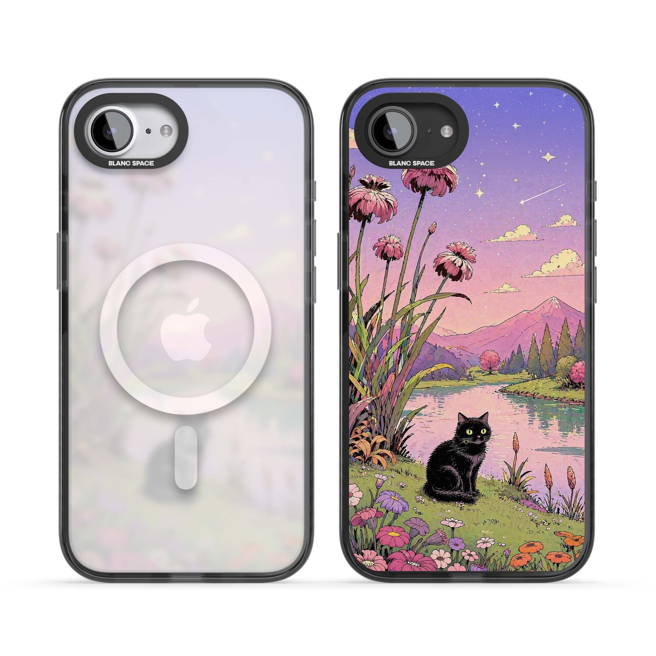 Mystic Whiskers ghibli iPhone case featuring a black cat by a pastel lake, wildflowers and a starry sunset sky | Black Impact Magsafe case for iPhone 16e, iPhone 17e