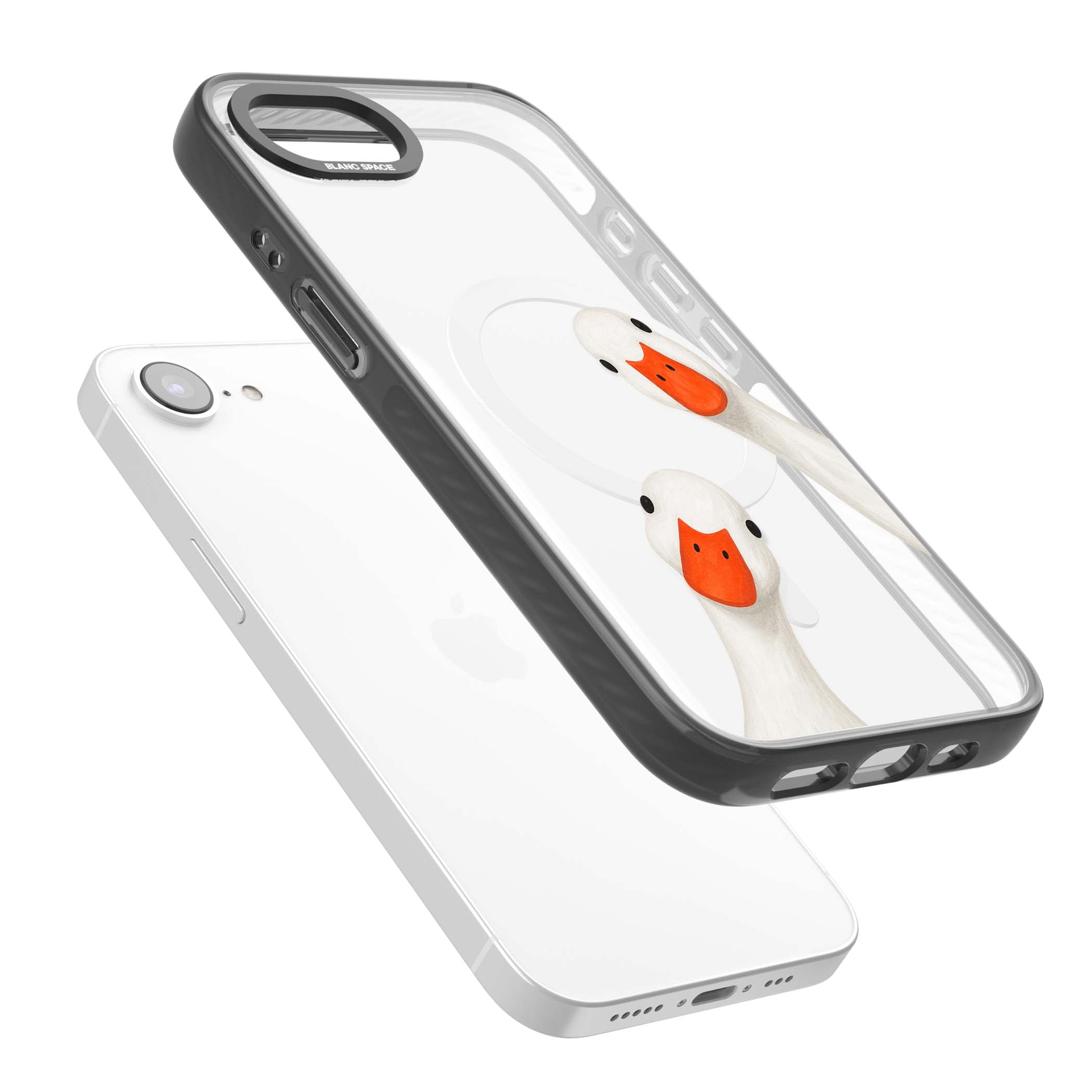 Nosy Ducks cottagecore iPhone case featuring two peeking white ducks with orange beaks on a clear background | Black Impact Magsafe case for iPhone 16e, iPhone 17e