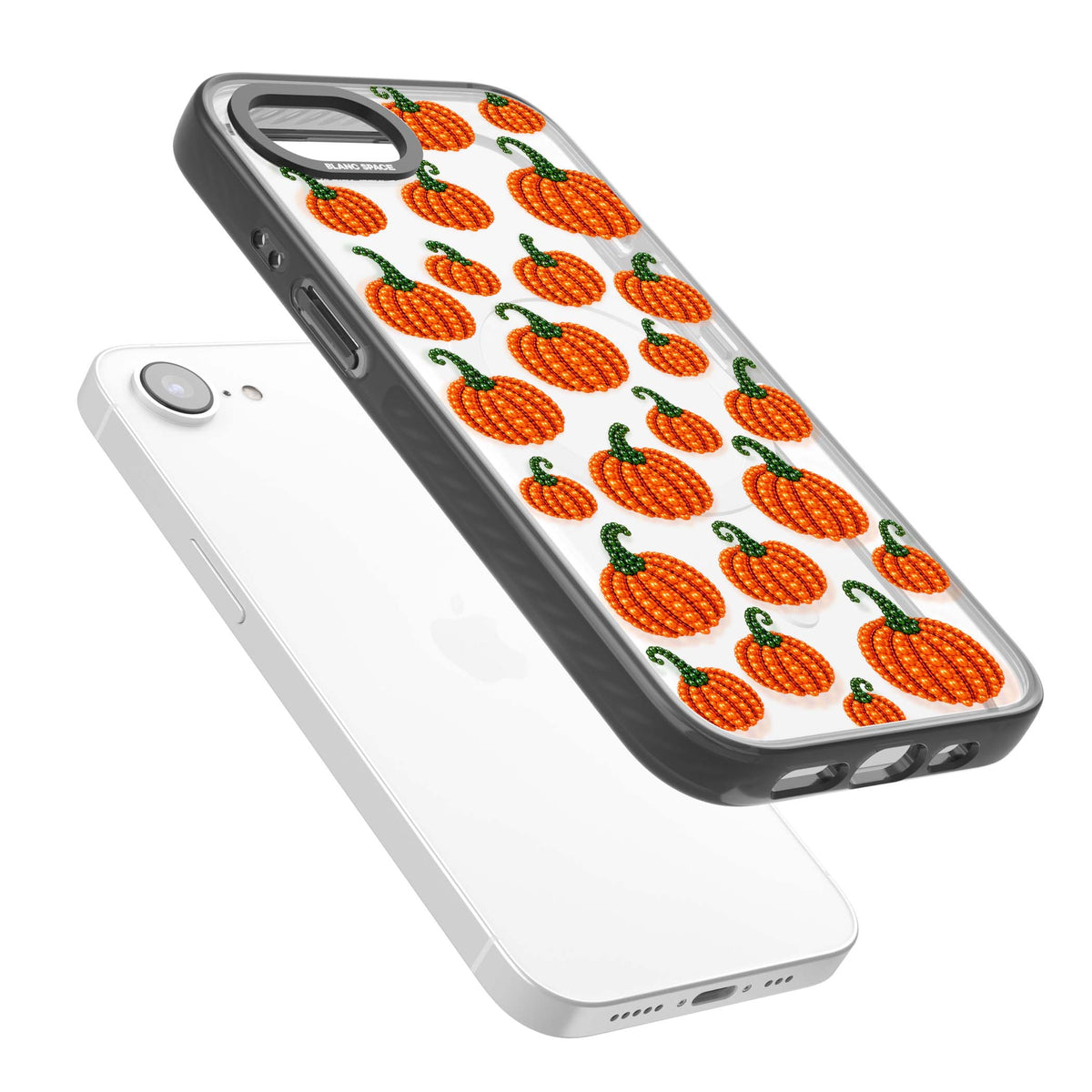 Beaded Pumpkins halloween iPhone case featuring beaded orange pumpkins with green stems on a clear background | Black Impact Magsafe case for iPhone 16e, iPhone 17e