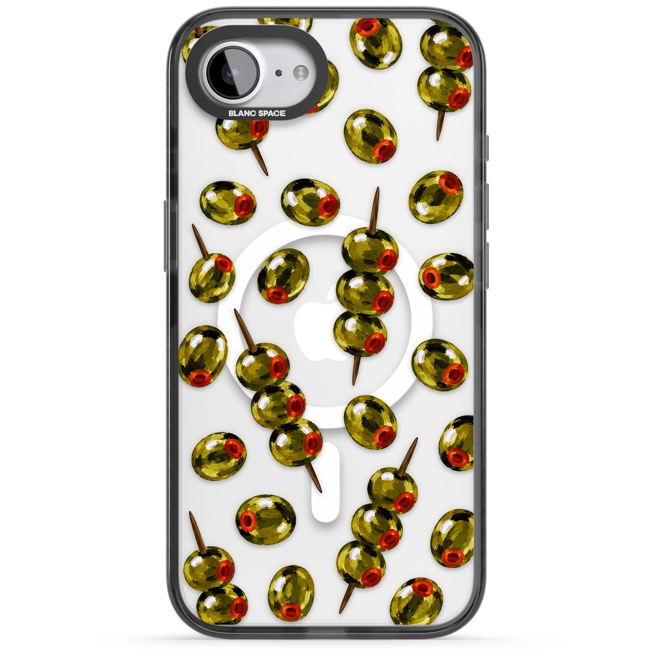 Painted Olives cocktail iPhone case featuring green olives, pimento centres and toothpick skewers on a clear background | Black Impact Magsafe case for iPhone 16e, iPhone 17e