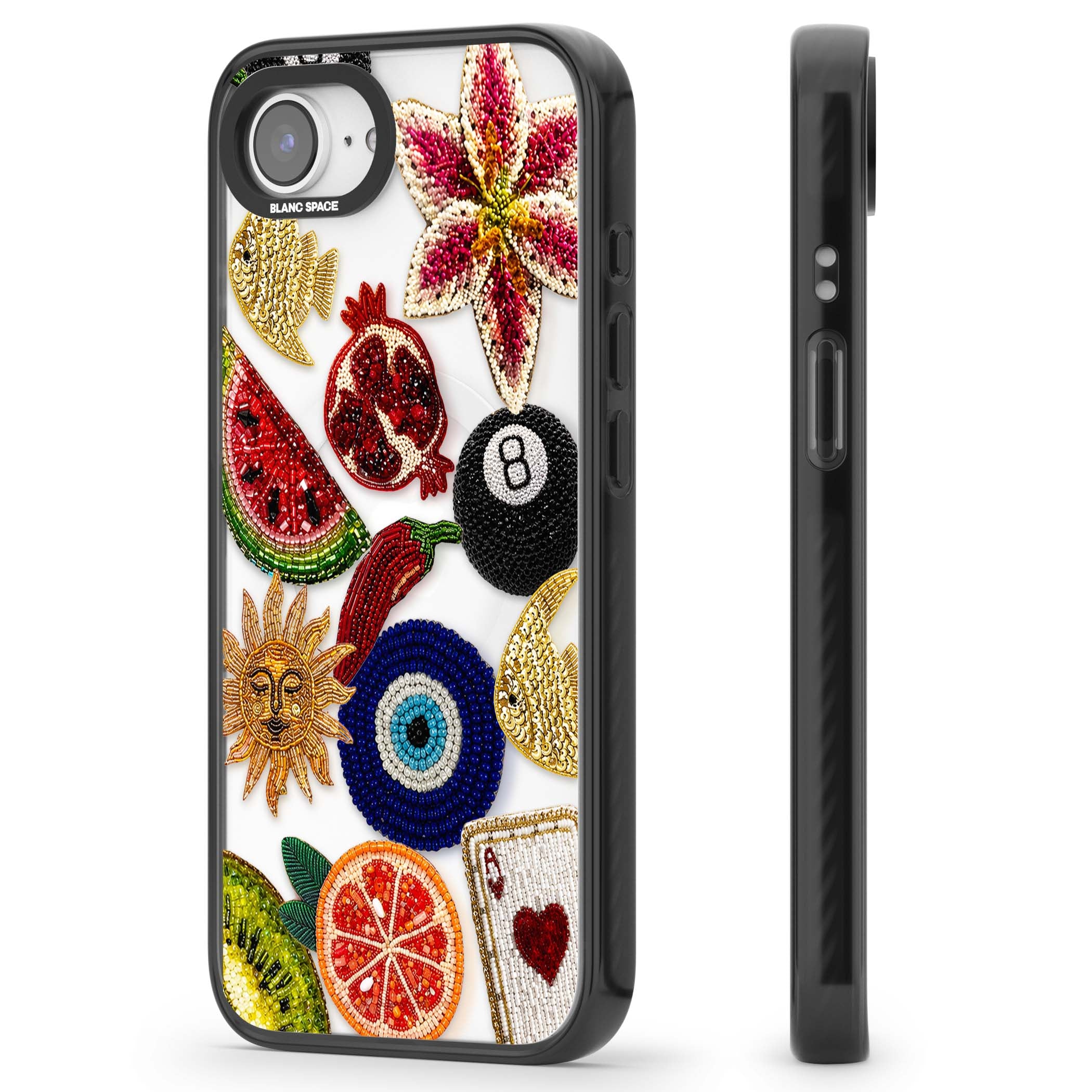 Beaded Charms embroidery iPhone case featuring beaded evil eye, fruit patches and a golden sun motif | Black Impact Magsafe case for iPhone 16e, iPhone 17e