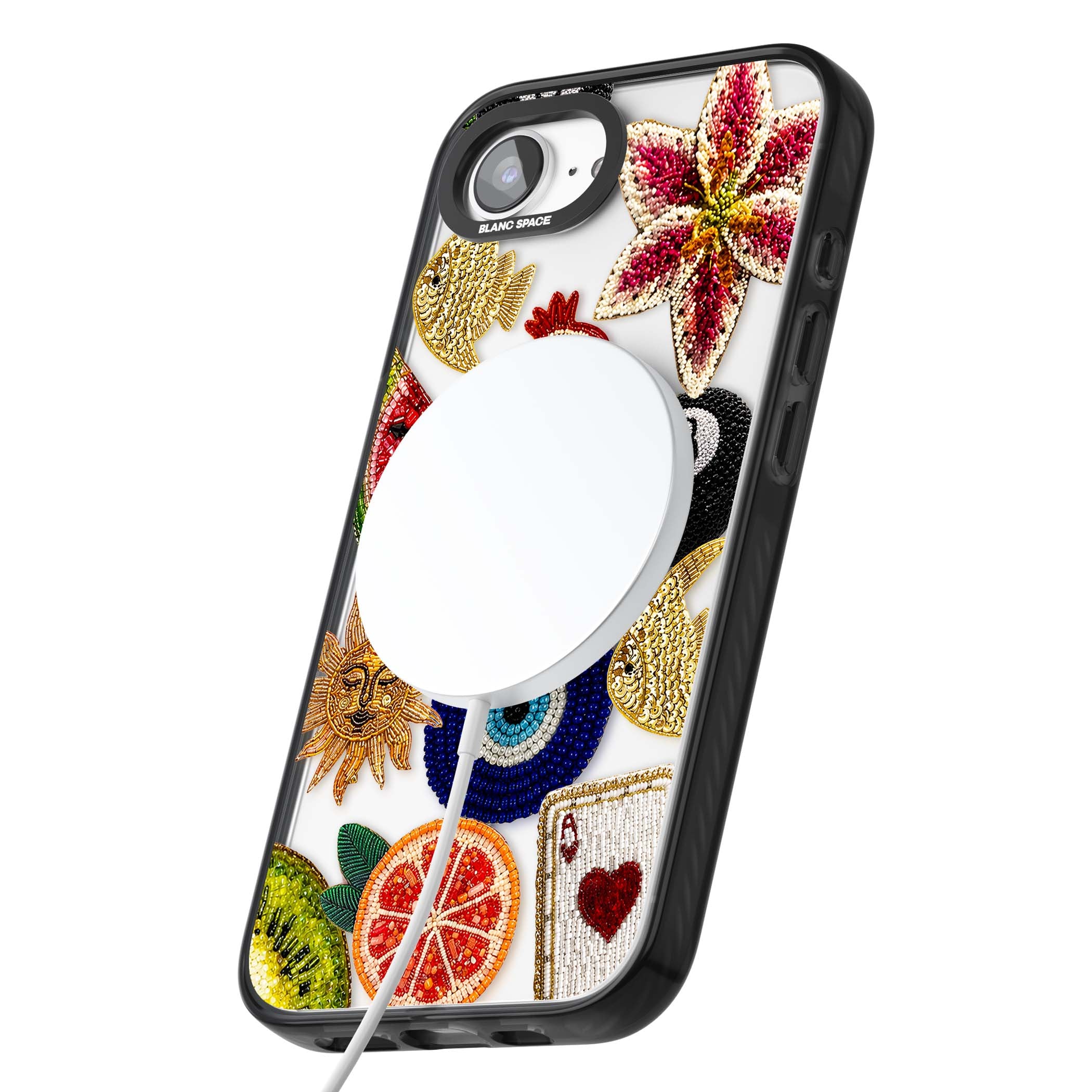 Beaded Charms embroidery iPhone case featuring beaded evil eye, fruit patches and a golden sun motif | Black Impact Magsafe case for iPhone 16e, iPhone 17e