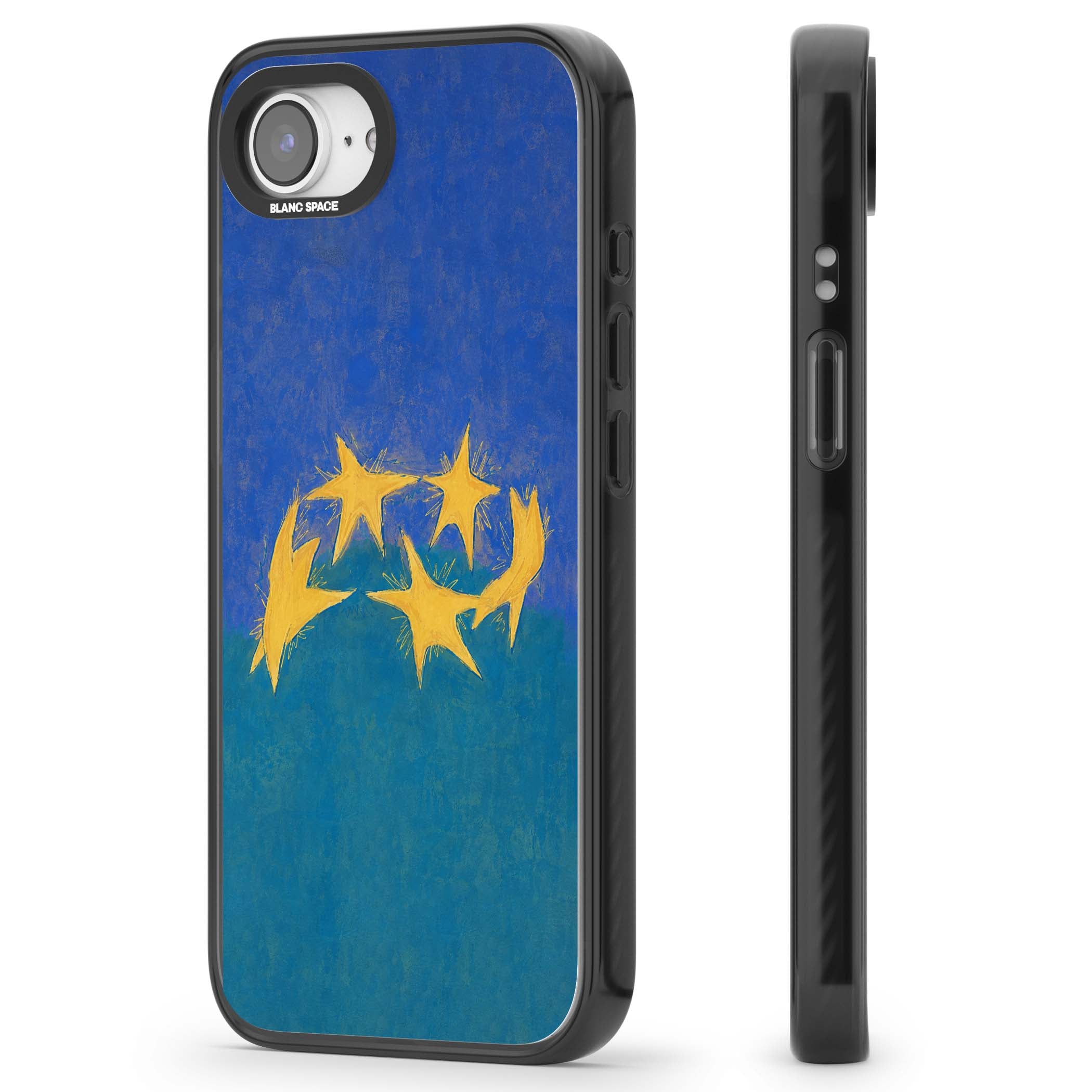 Star Boogie stars aesthetic iPhone case featuring five yellow hand-painted stars on cobalt blue and teal | Black Impact Magsafe case for iPhone 16e, iPhone 17e