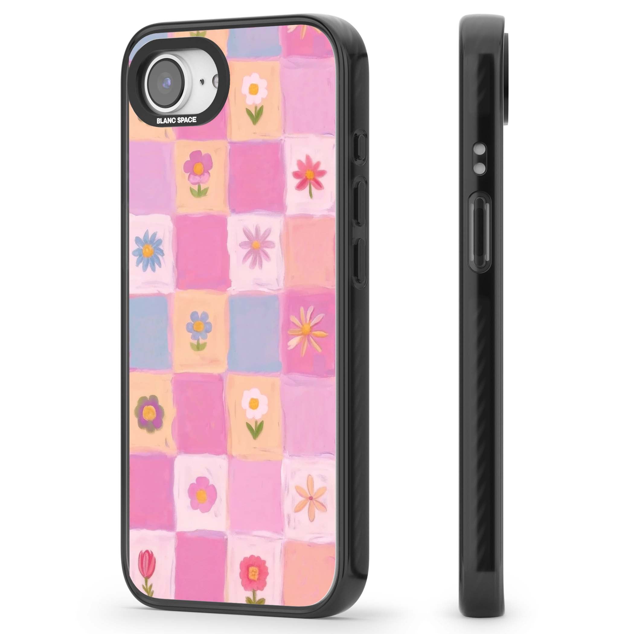 Pastel Flower Patchwork cottagecore iPhone case featuring painted pink and lilac squares with daisies and wildflowers | Black Impact Magsafe case for iPhone 16e, iPhone 17e