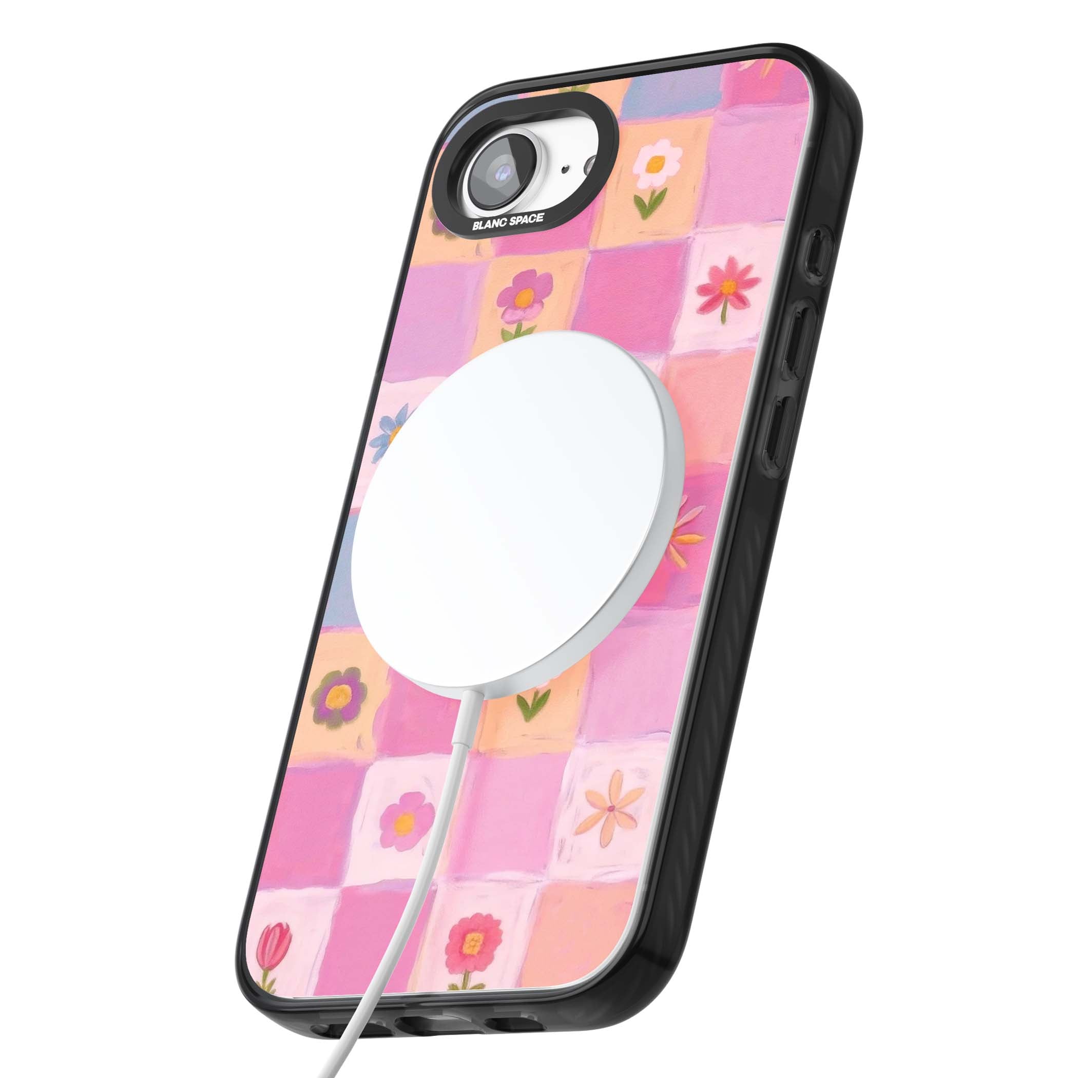 Pastel Flower Patchwork cottagecore iPhone case featuring painted pink and lilac squares with daisies and wildflowers | Black Impact Magsafe case for iPhone 16e, iPhone 17e