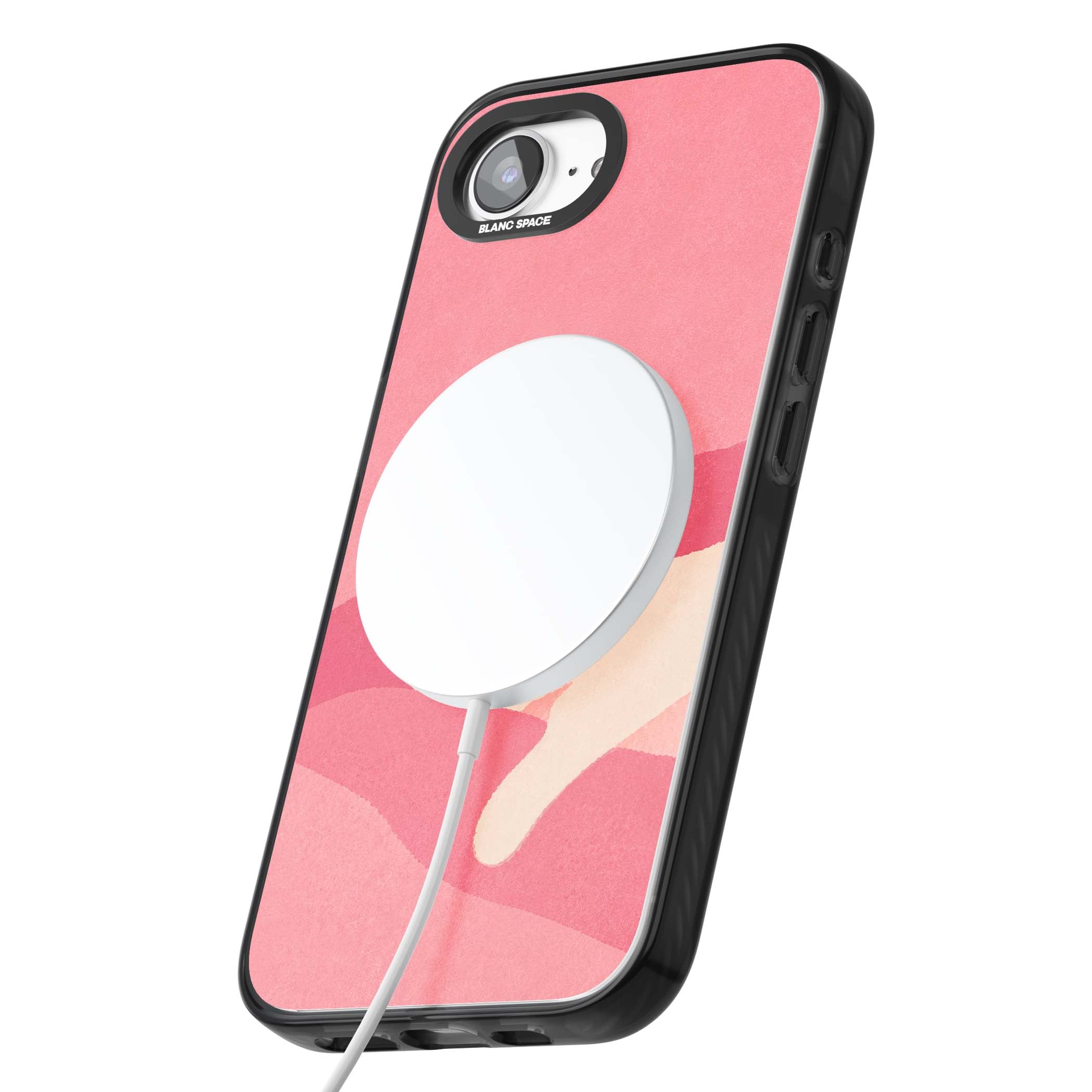Pink Dreams cute cat iPhone case featuring a white kitten, soft pink hills and a pale pastel sun | Black Impact Magsafe case for iPhone 16e, iPhone 17e