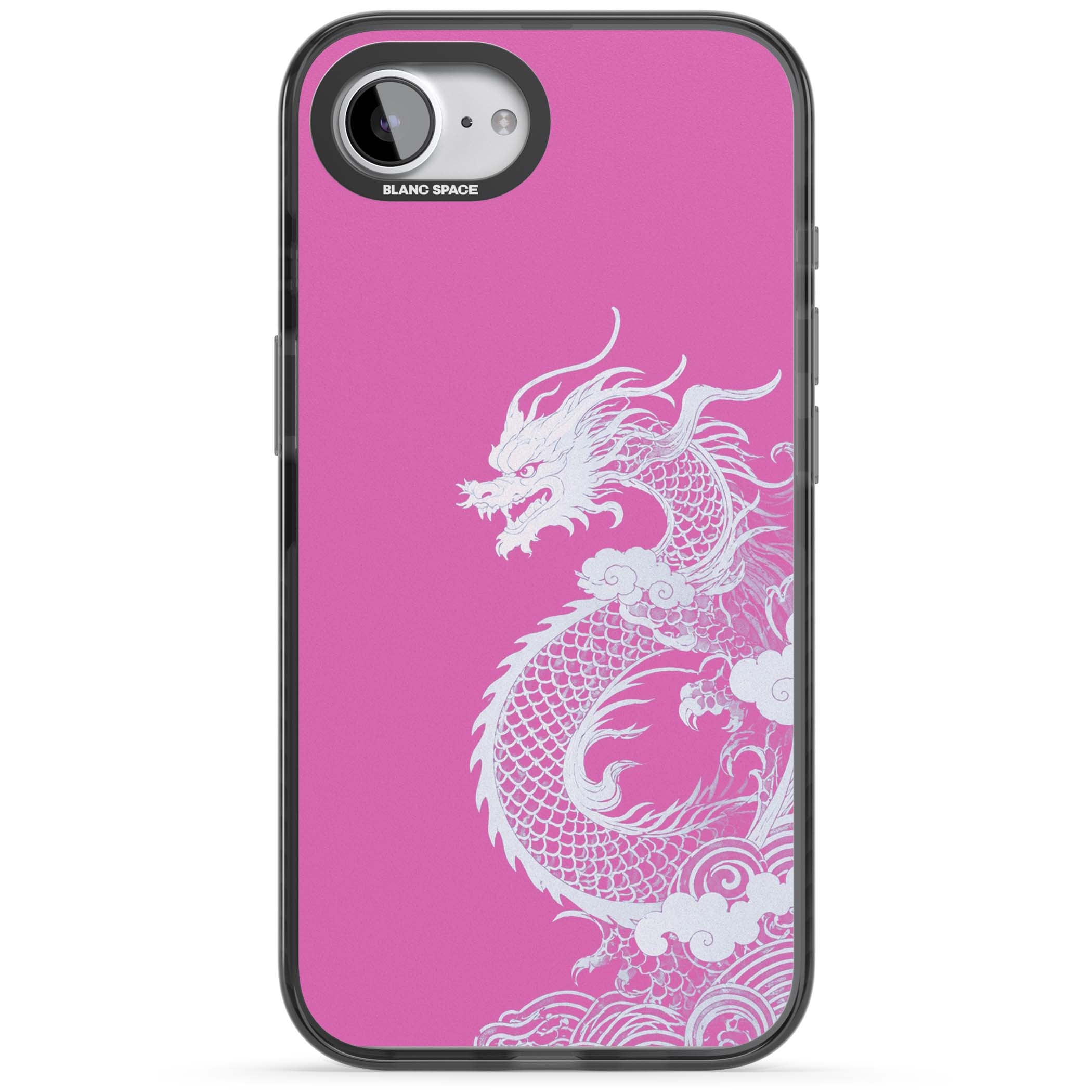 Pink Empress chinese dragon iPhone case featuring a white dragon, swirling clouds and pink dragon wallpaper backdrop | Black Impact Magsafe case for iPhone 16e, iPhone 17e