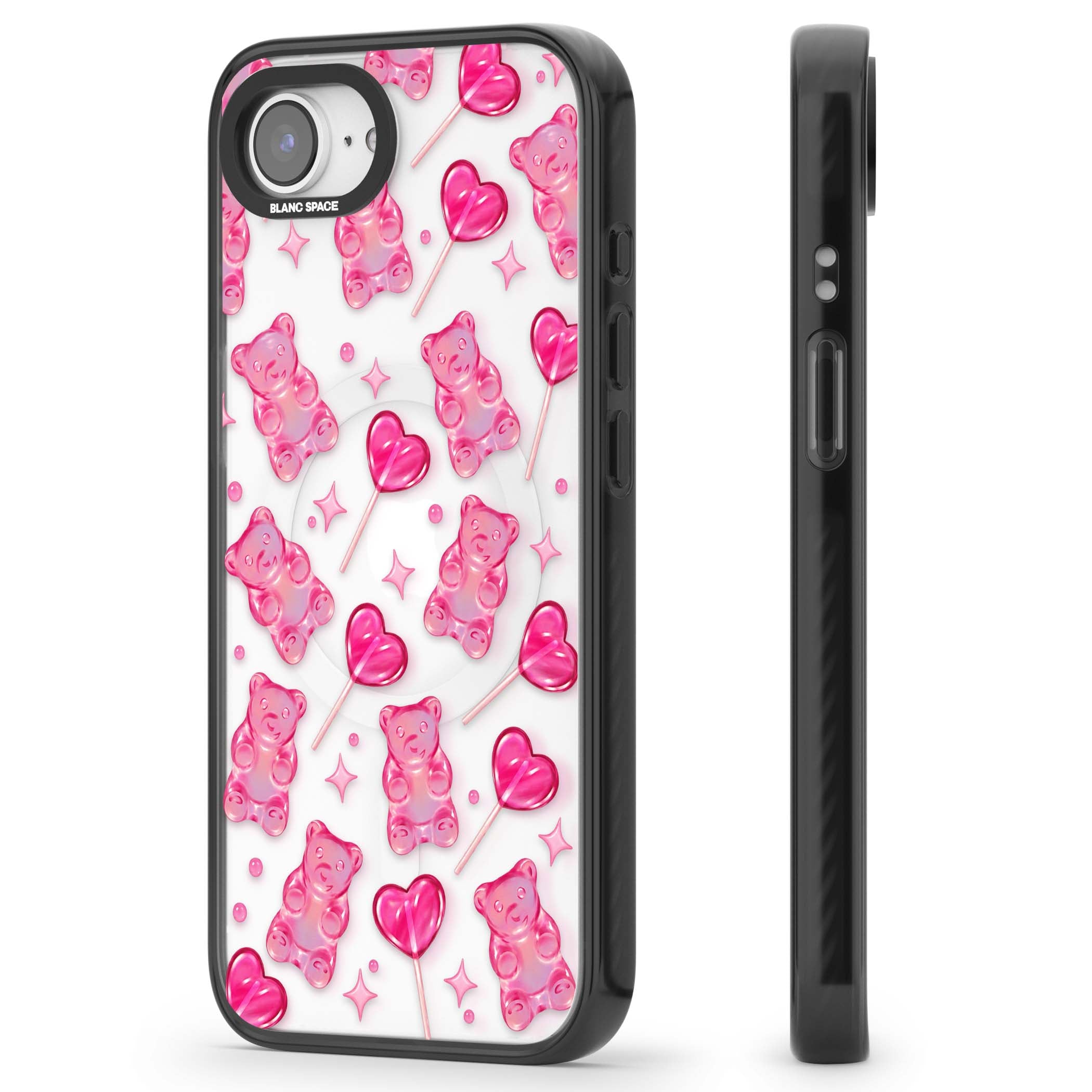 Pink Sugar pinkcore iPhone case featuring pink gummy bears, heart-shaped lollipops and sparkle stars | Black Impact Magsafe case for iPhone 16e, iPhone 17e