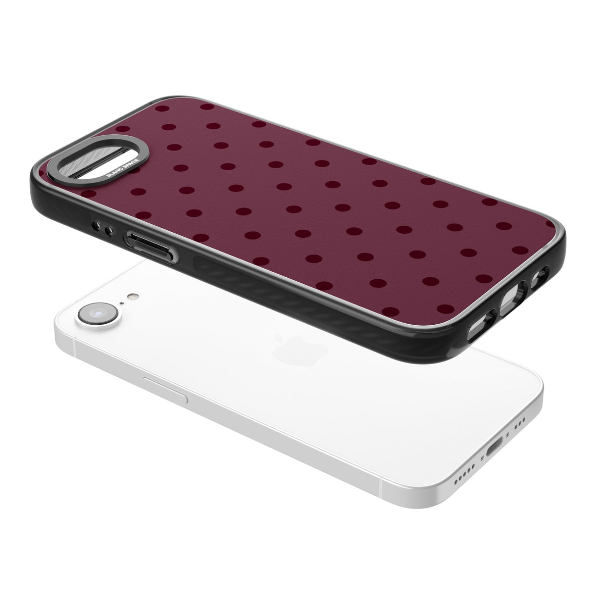 Burgundy Polka Dot minimalist iPhone case featuring black polka dots on a deep burgundy wine red background iPhone 16e / iPhone 16E / iPhone 17e Impact Pro Black Phone Case angled