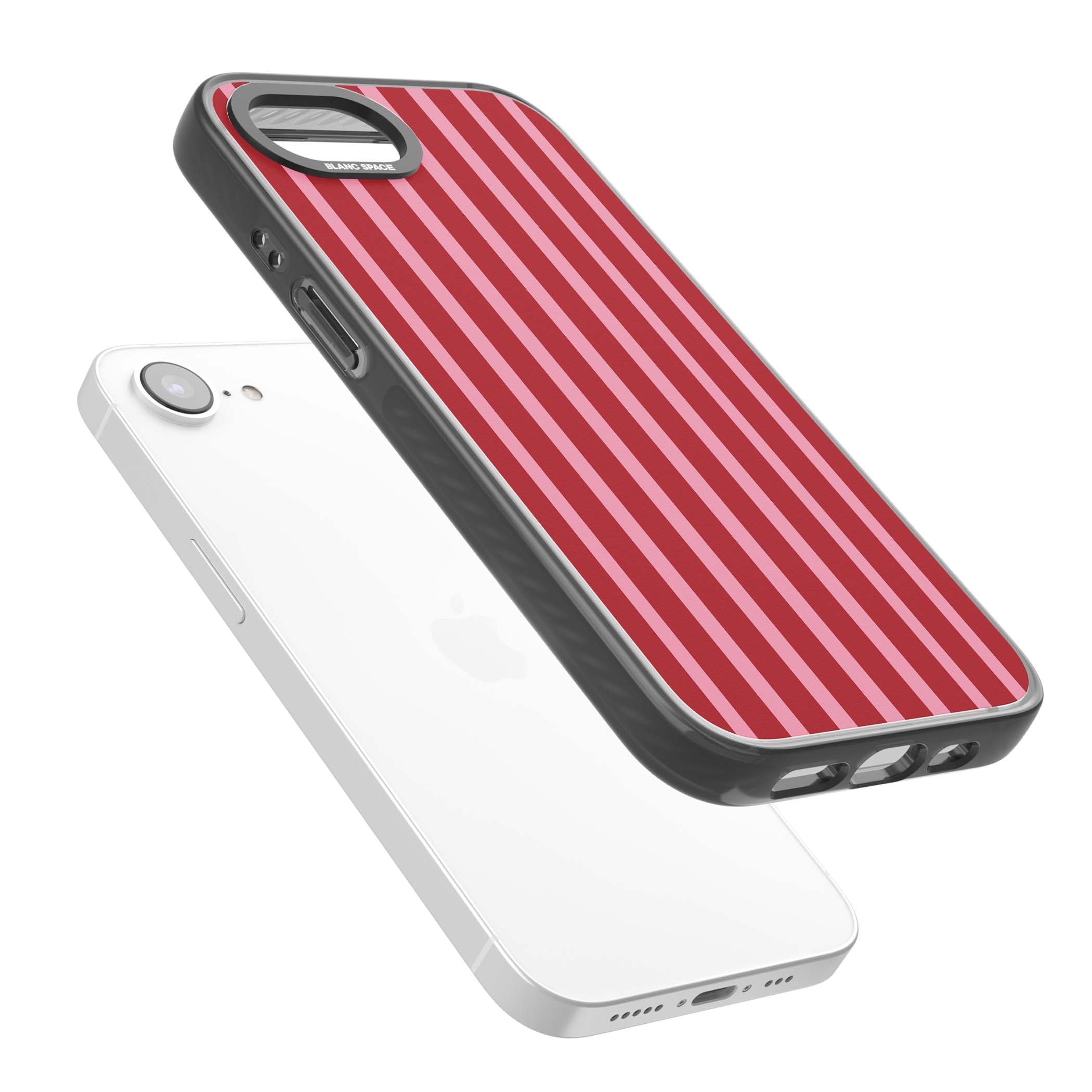 Raspberry Stripe coquette iPhone case featuring red and pink vertical stripes in a candy-inspired pattern | Black Impact Magsafe case for iPhone 16e, iPhone 17e