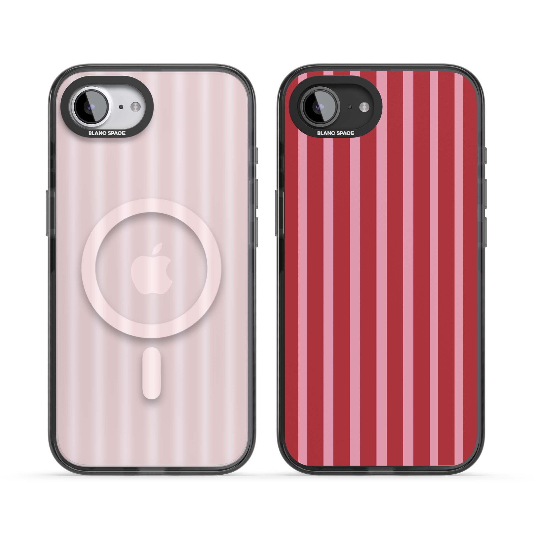 Raspberry Stripe coquette iPhone case featuring red and pink vertical stripes in a candy-inspired pattern | Black Impact Magsafe case for iPhone 16e, iPhone 17e