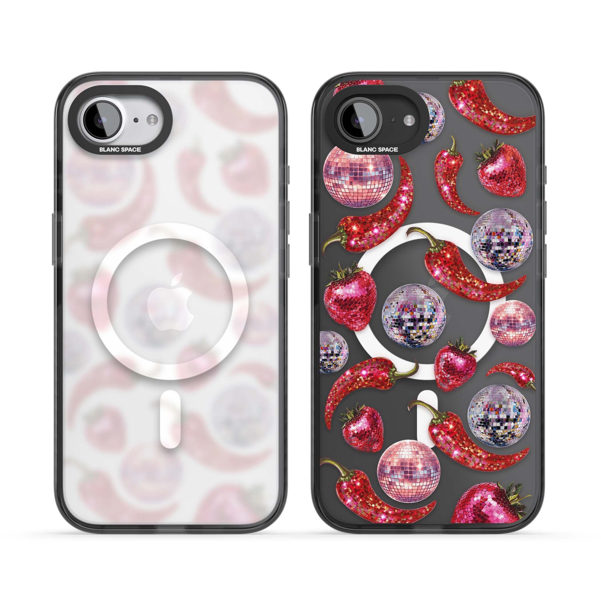 Spicy Disco Y2K iPhone case featuring glitter disco balls, sparkly strawberries and red chilli peppers | Black Impact Magsafe case for iPhone 16e, iPhone 17e