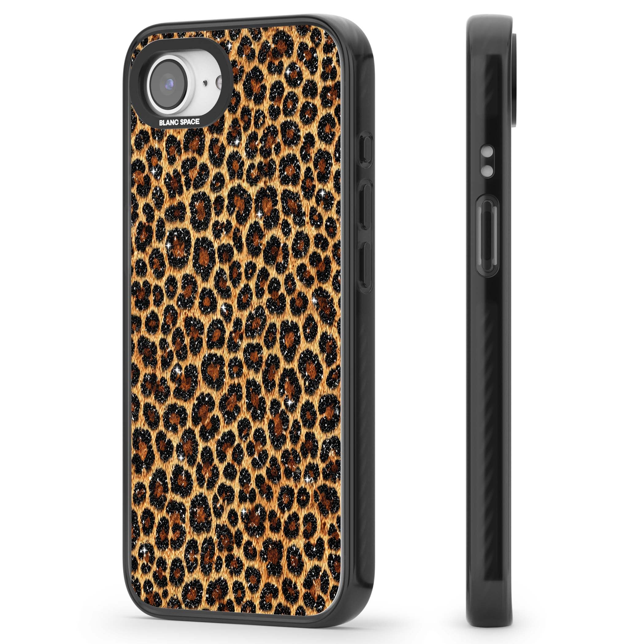 Diamond Leopard leopard print iPhone case featuring golden tan fur, black rosette spots and subtle glitter sparkle | Black Impact Magsafe case for iPhone 16e, iPhone 17e