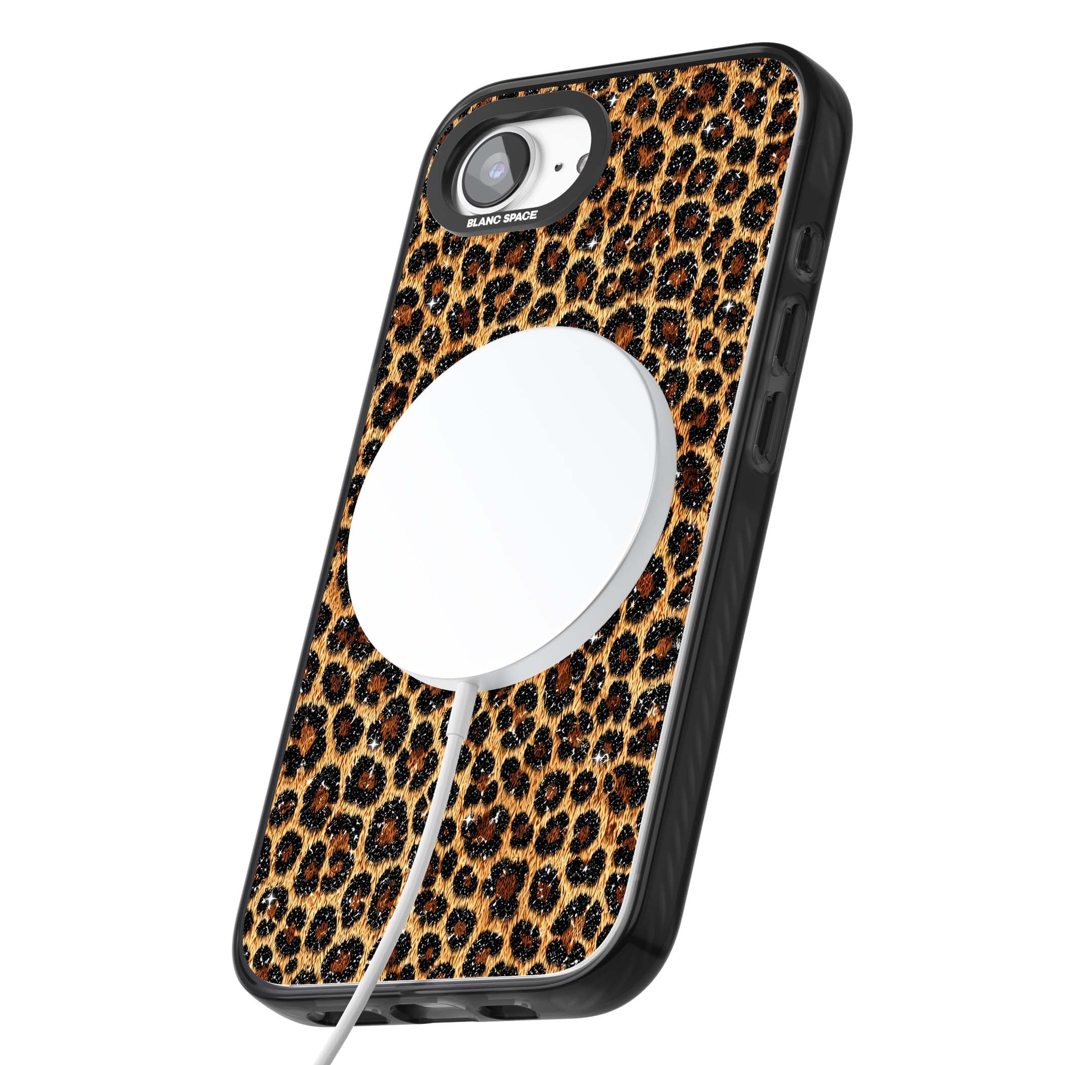 Diamond Leopard leopard print iPhone case featuring golden tan fur, black rosette spots and subtle glitter sparkle | Black Impact Magsafe case for iPhone 16e, iPhone 17e