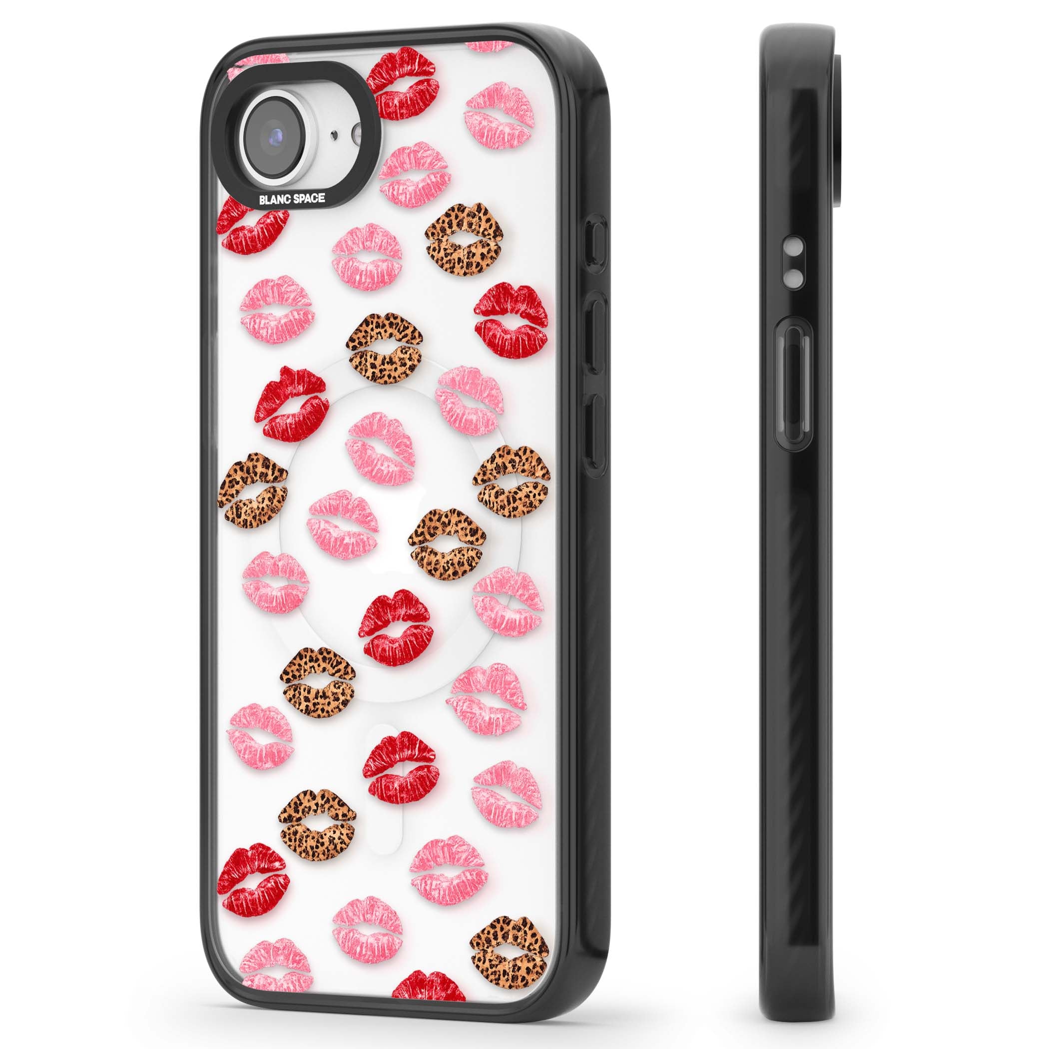 Wild Kisses coquette iPhone case featuring red, pink and leopard print lipstick kiss marks on a clear background | Black Impact Magsafe case for iPhone 16e, iPhone 17e
