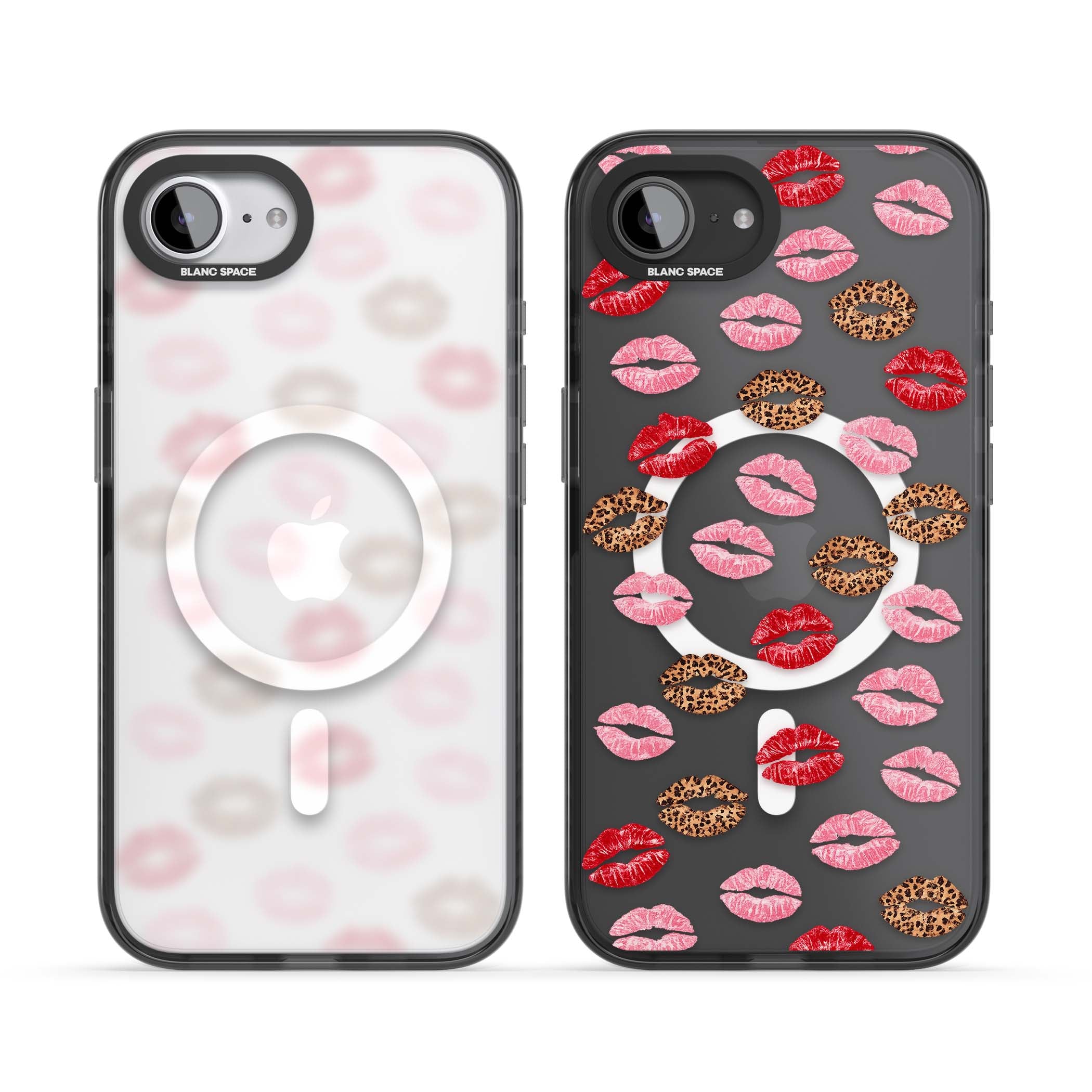 Wild Kisses coquette iPhone case featuring red, pink and leopard print lipstick kiss marks on a clear background | Black Impact Magsafe case for iPhone 16e, iPhone 17e