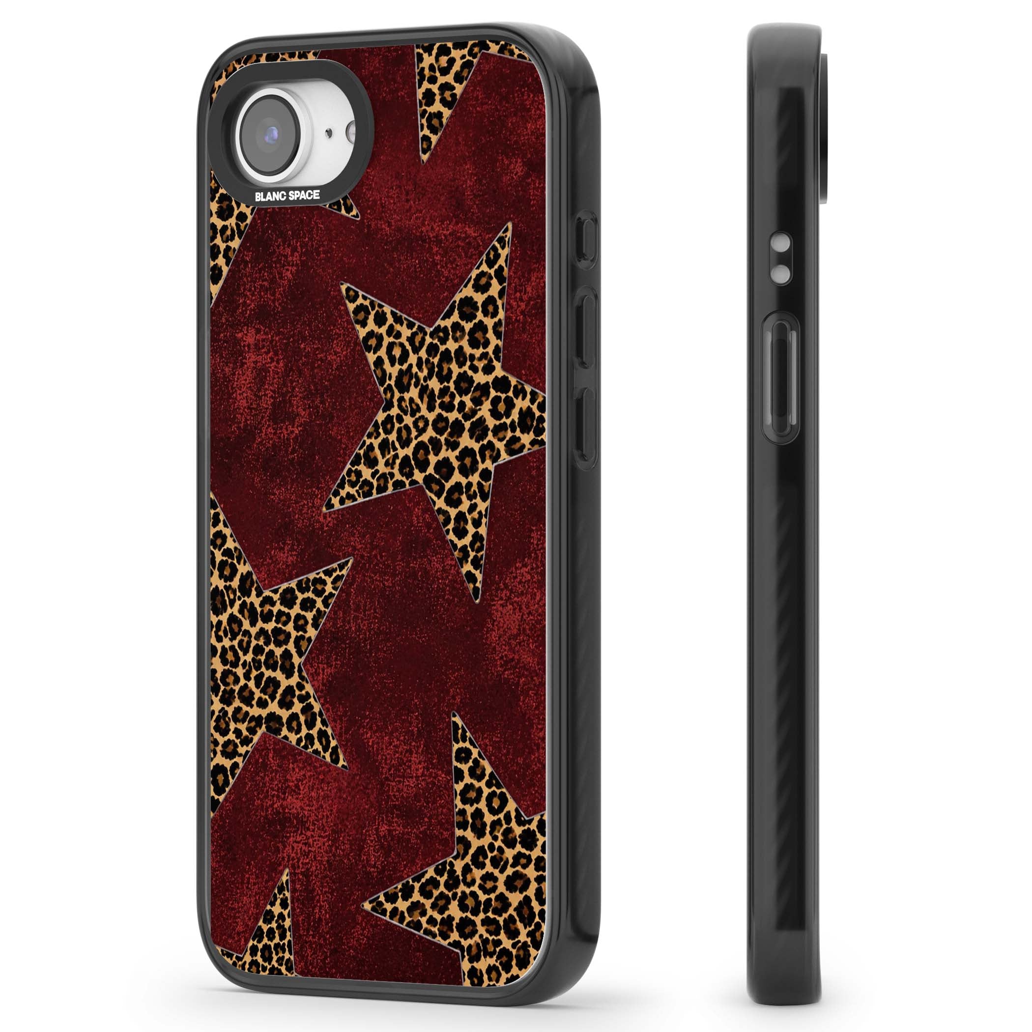 Showgirl leopard print iPhone case featuring cheetah print stars on distressed red grunge background | Black Impact Magsafe case for iPhone 16e, iPhone 17e