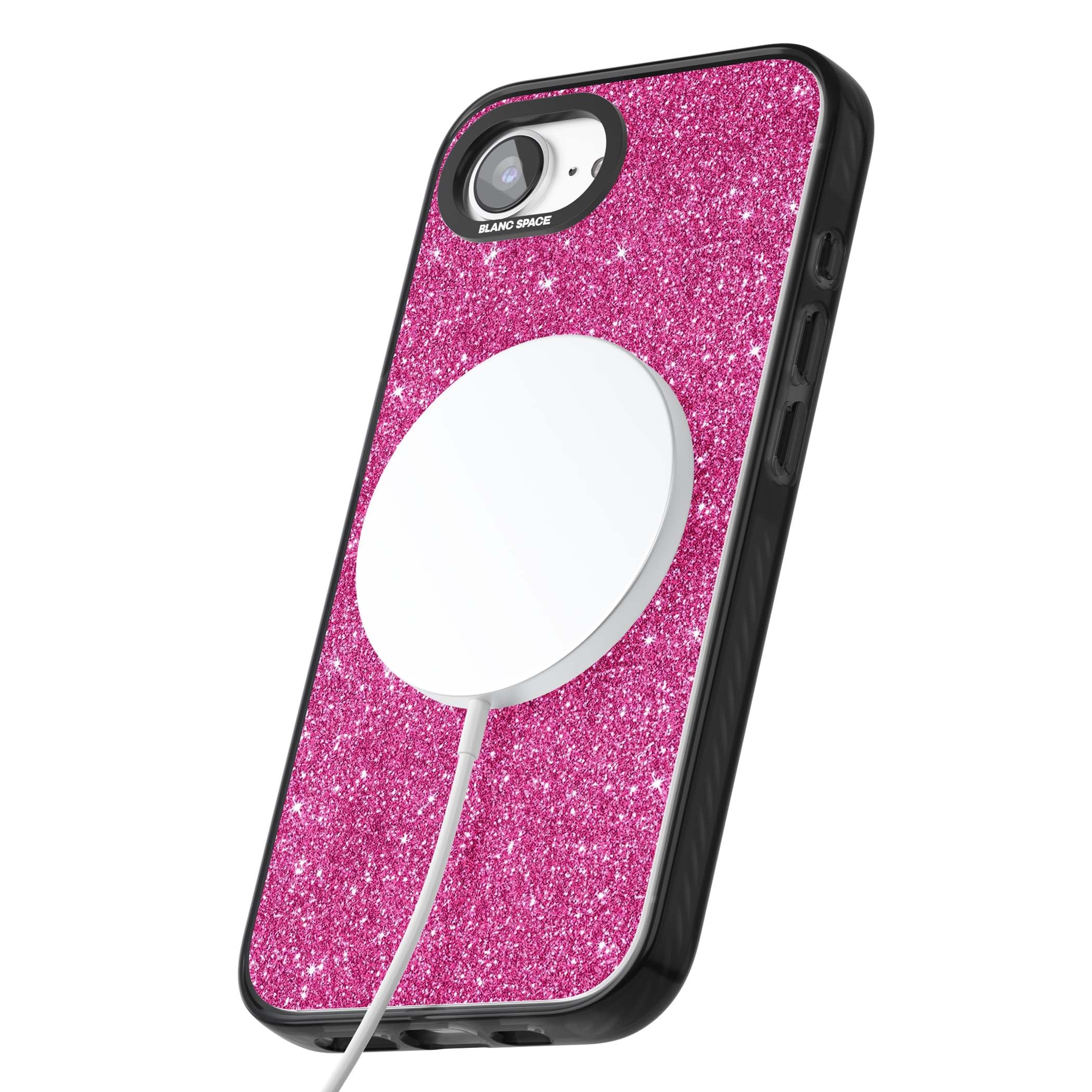 Pink Glitter Y2K iPhone case featuring hot pink glitter wallpaper with sparkle shimmer effect | Black Impact Magsafe case for iPhone 16e, iPhone 17e