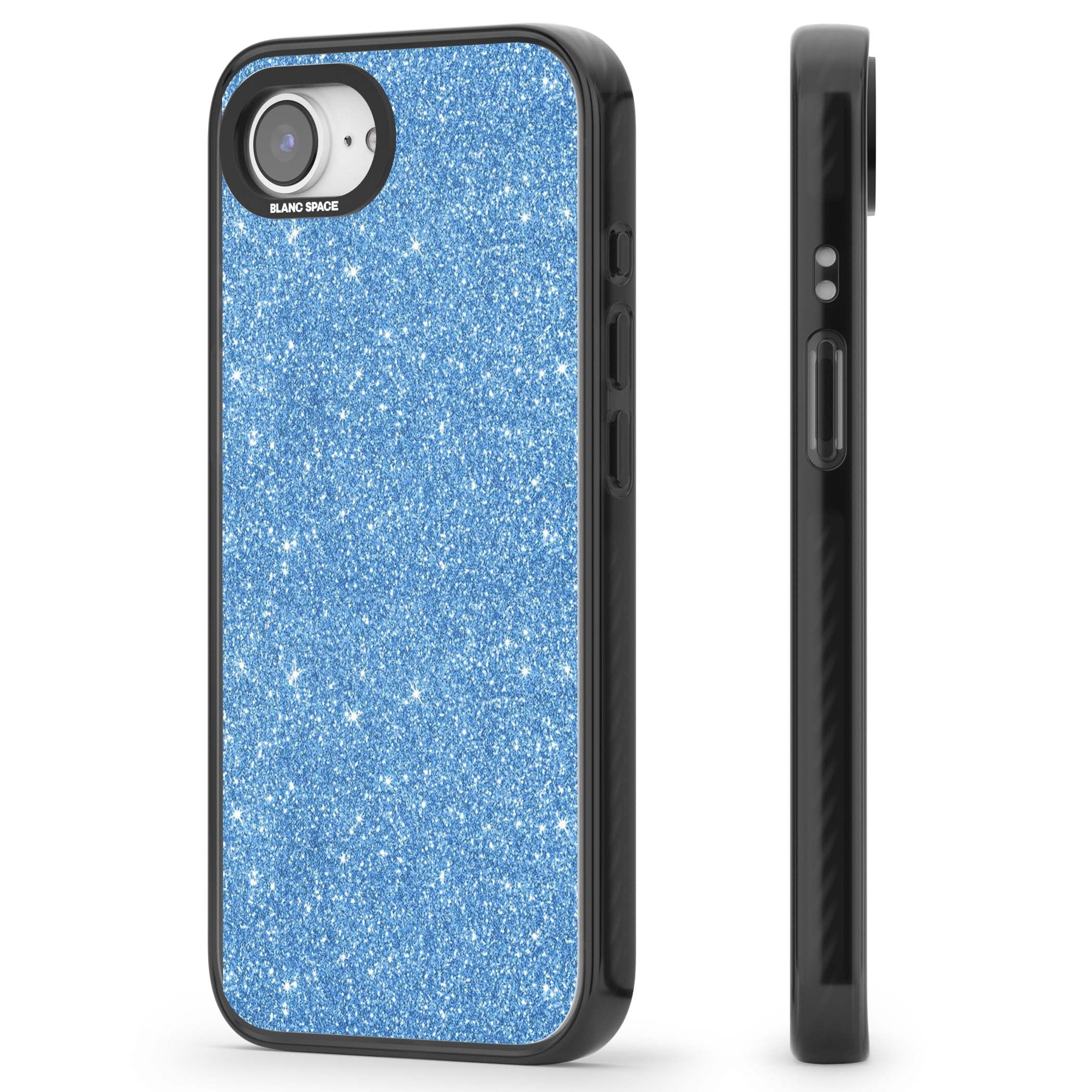 Blue Glitter blue glitter iPhone case featuring dense sparkling cerulean glitter with a glamorous shimmering finish | Black Impact Magsafe case for iPhone 16e, iPhone 17e