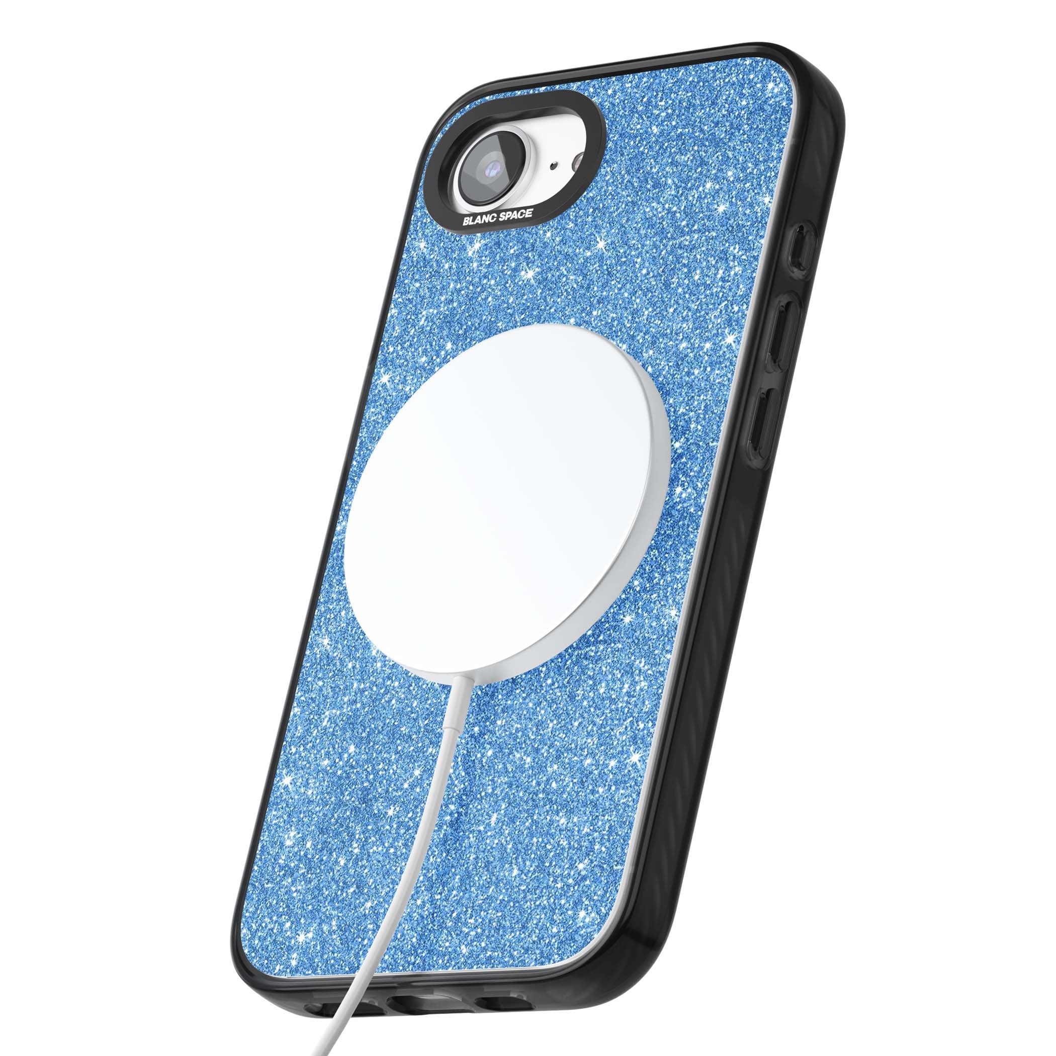 Blue Glitter blue glitter iPhone case featuring dense sparkling cerulean glitter with a glamorous shimmering finish | Black Impact Magsafe case for iPhone 16e, iPhone 17e