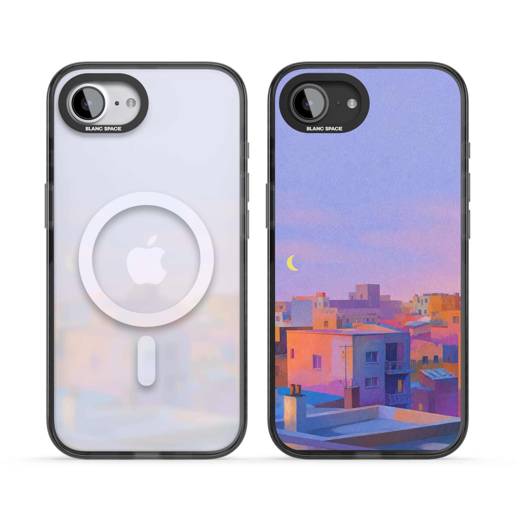 Twilight Rooftops vaporwave iPhone case featuring a pastel sunset cityscape, painted rooftops and a crescent moon. | Black Impact Magsafe case for iPhone 16e, iPhone 17e