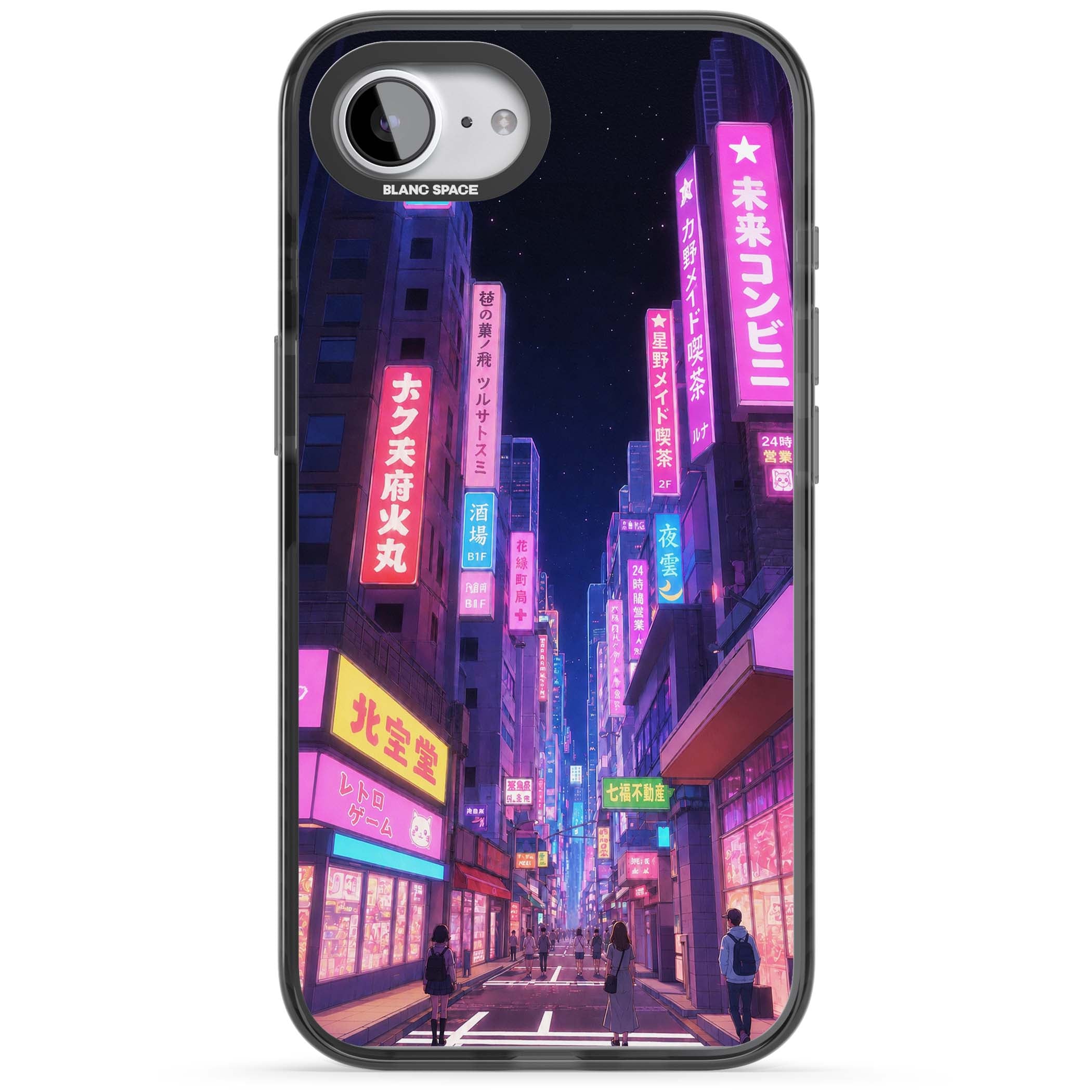 Shibuya At Night Japanese neon city iPhone case featuring glowing kanji signs, pink storefronts and a Tokyo street at n | Black Impact Magsafe case for iPhone 16e, iPhone 17e