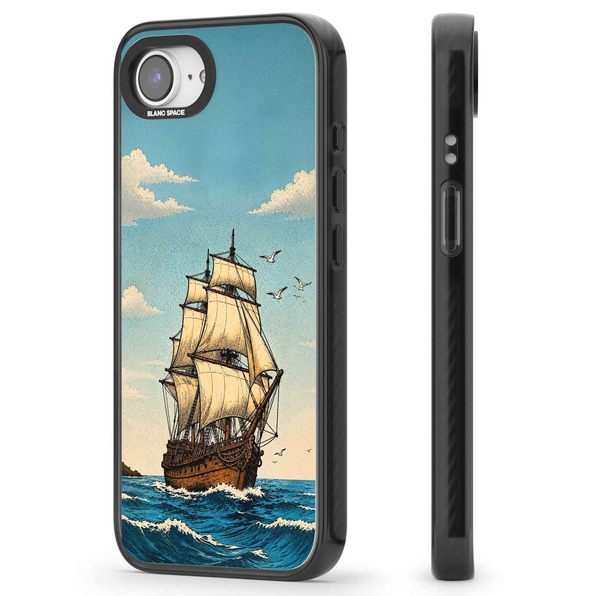 Ship at Sea nautical iPhone case featuring a vintage tall ship, ocean waves and seagulls | Black Impact Magsafe case for iPhone 16e, iPhone 17e