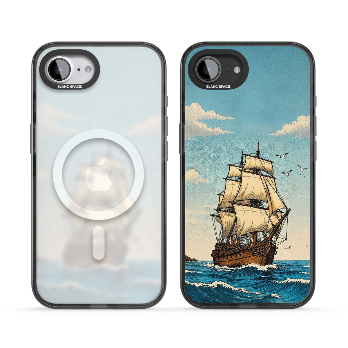 Ship at Sea nautical iPhone case featuring a vintage tall ship, ocean waves and seagulls | Black Impact Magsafe case for iPhone 16e, iPhone 17e