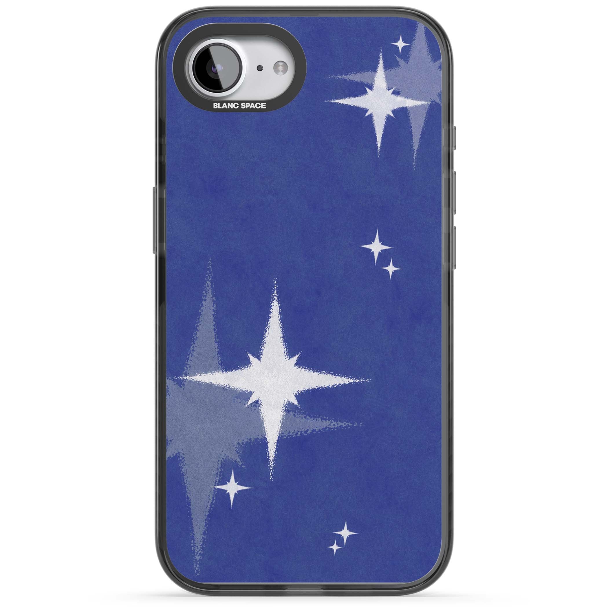 Blue Sparkle celestial iPhone case featuring sparkling silver stars on a deep blue painterly night sky | Black Impact Magsafe case for iPhone 16e, iPhone 17e