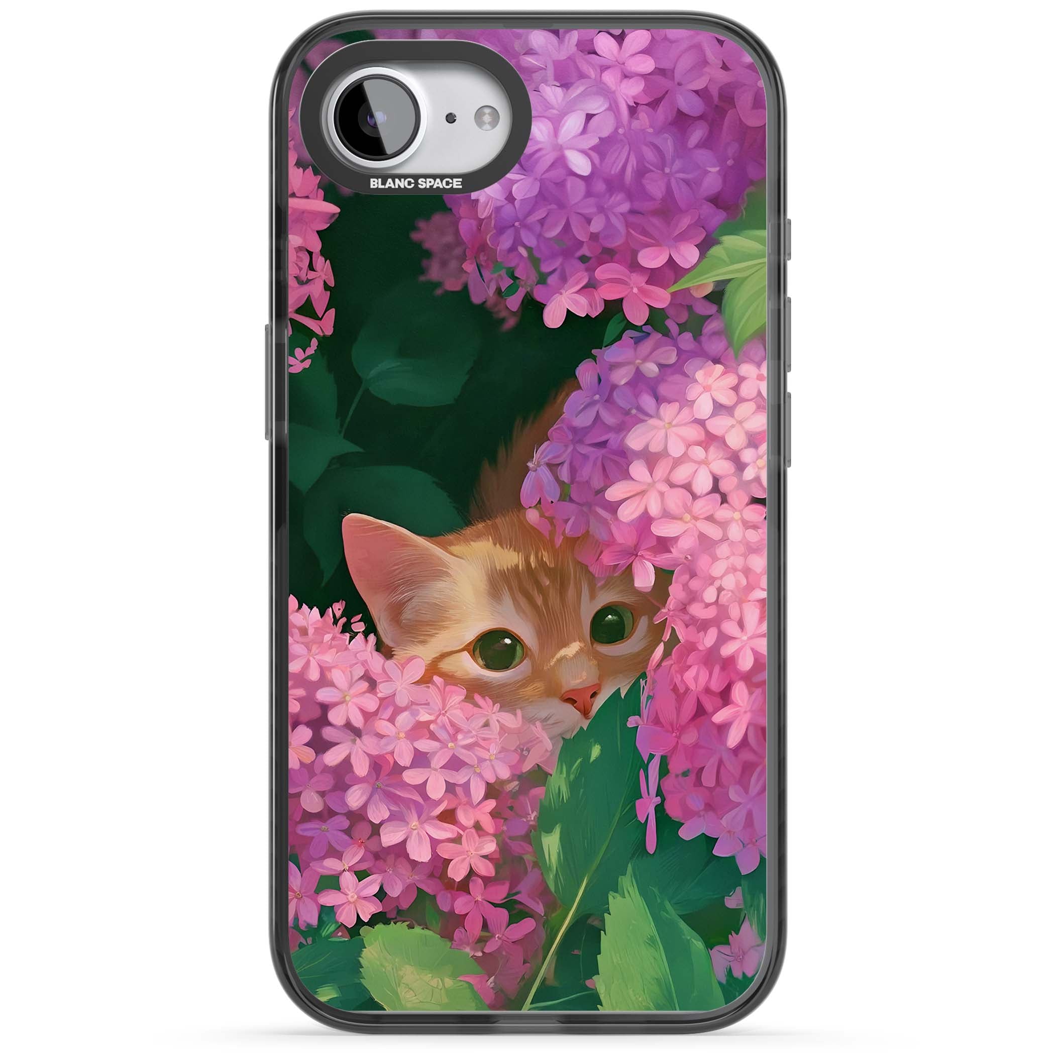 Cat In Pink Flowers cottagecore iPhone case featuring a ginger kitten peeking through lilac and pink hydrangea flo | Black Impact Magsafe case for iPhone 16e, iPhone 17e