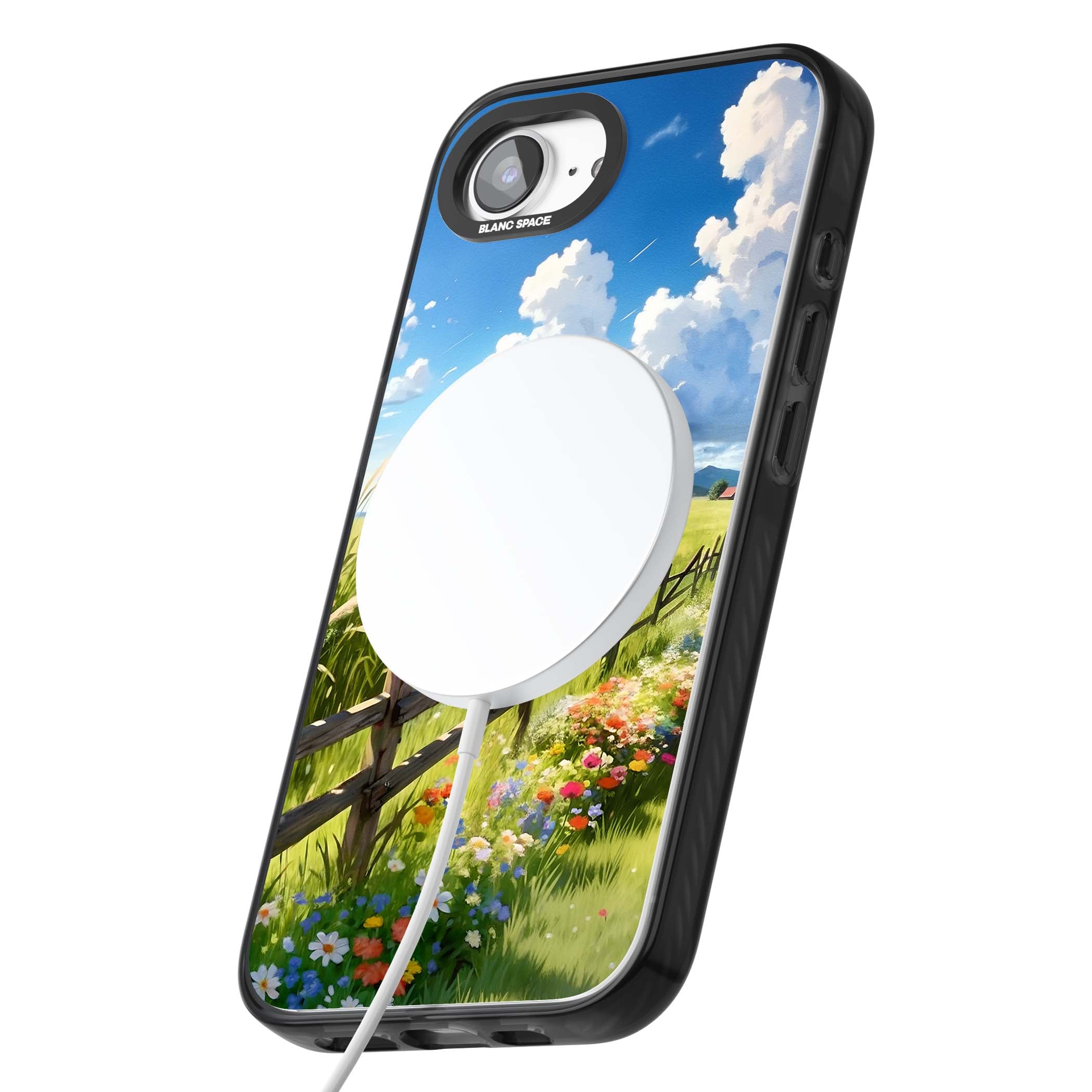 A Countryside Afternoon cottagecore iPhone case featuring a painted countryside meadow, wooden fence, and wildflowers beneath | Black Impact Magsafe case for iPhone 16e, iPhone 17e