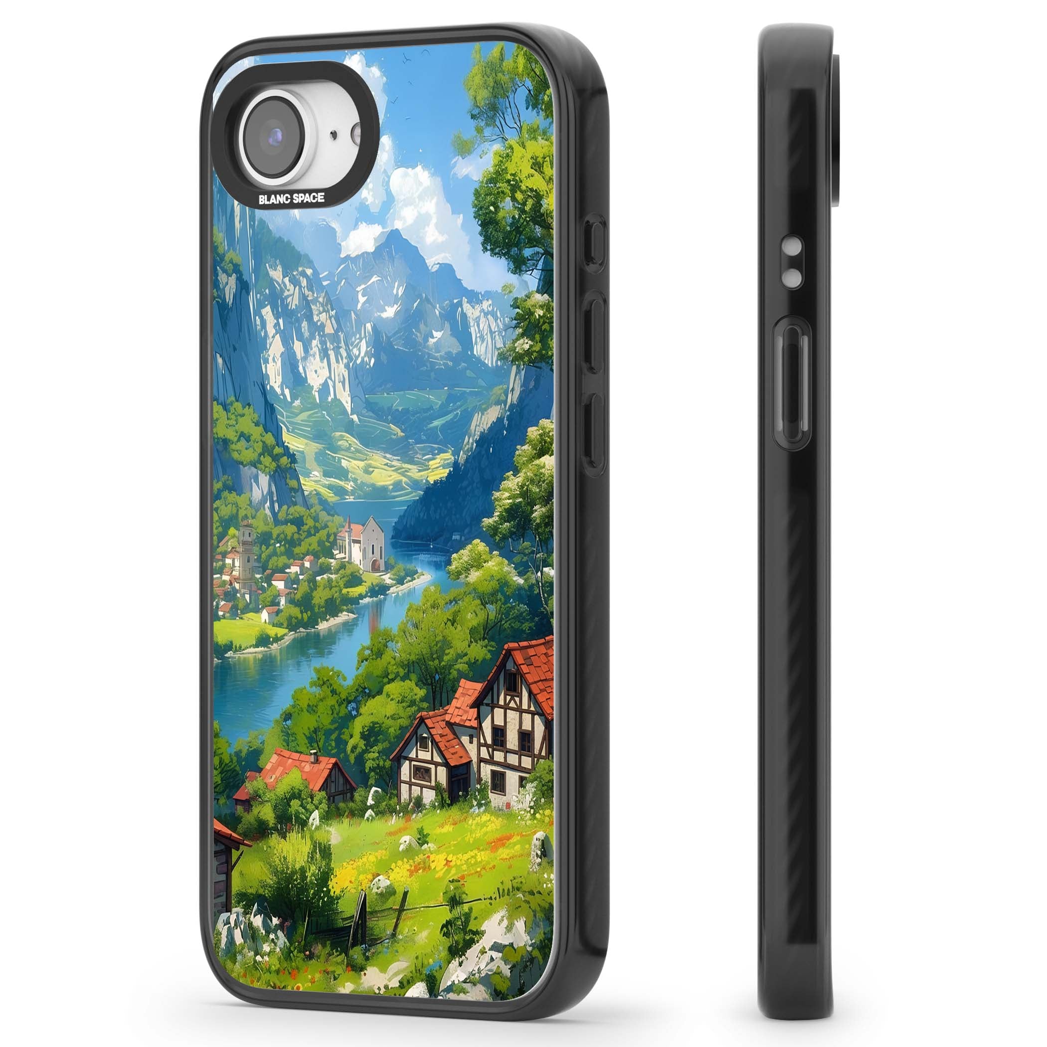 Village In The Valley anime iPhone case featuring a painted mountain village, river valley and half-timbered cottages. | Black Impact Magsafe case for iPhone 16e, iPhone 17e