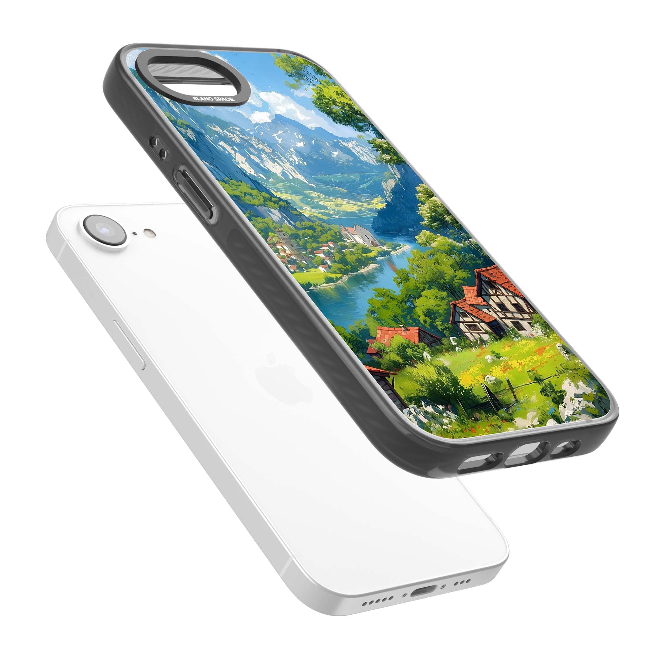 Village In The Valley anime iPhone case featuring a painted mountain village, river valley and half-timbered cottages. | Black Impact Magsafe case for iPhone 16e, iPhone 17e