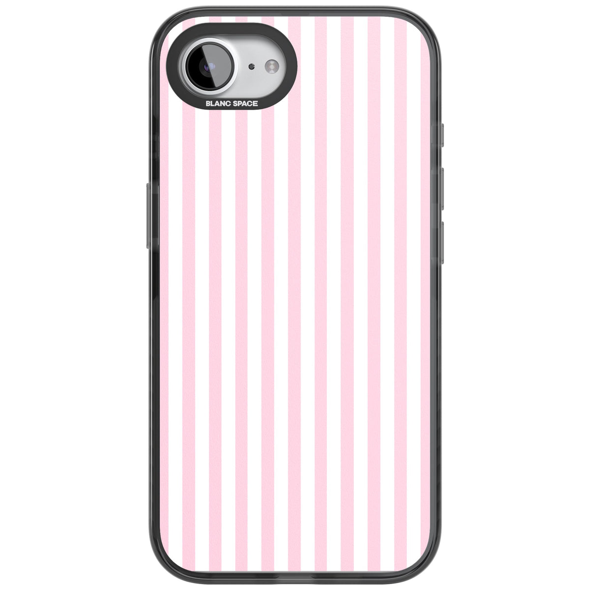 Pink Stripe preppy iPhone case featuring soft pastel pink and white vertical candy stripes iPhone 16e / iPhone 16E / iPhone 17e Impact Pro Black Phone Case front