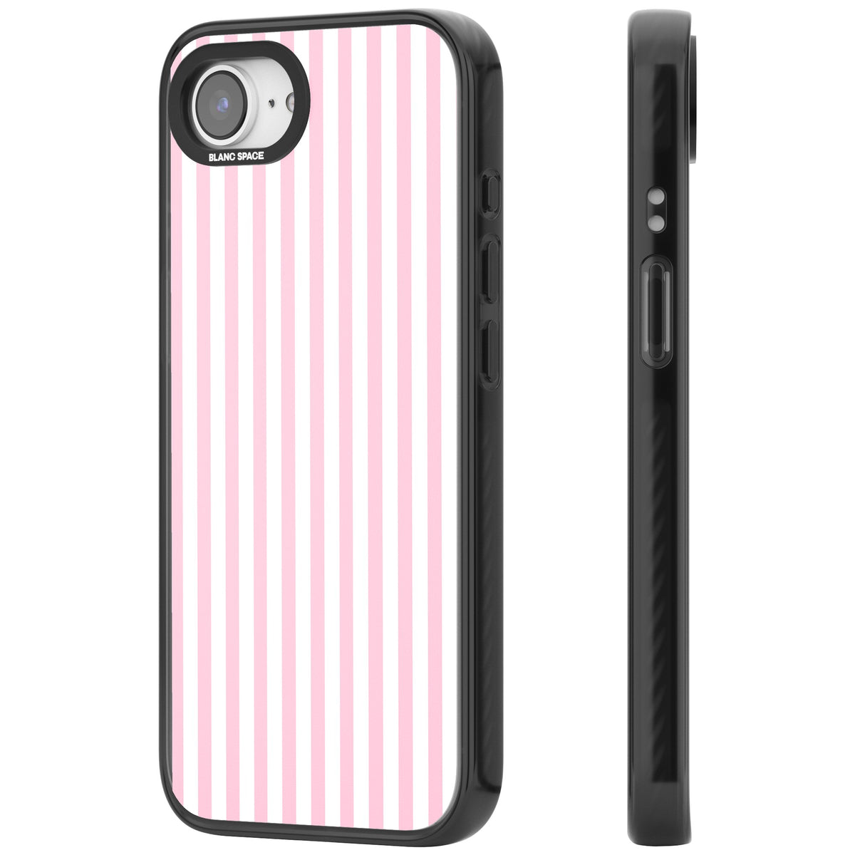 Pink Stripe preppy iPhone case featuring soft pastel pink and white vertical candy stripes iPhone 16e / iPhone 16E / iPhone 17e Impact Pro Black Phone Case side
