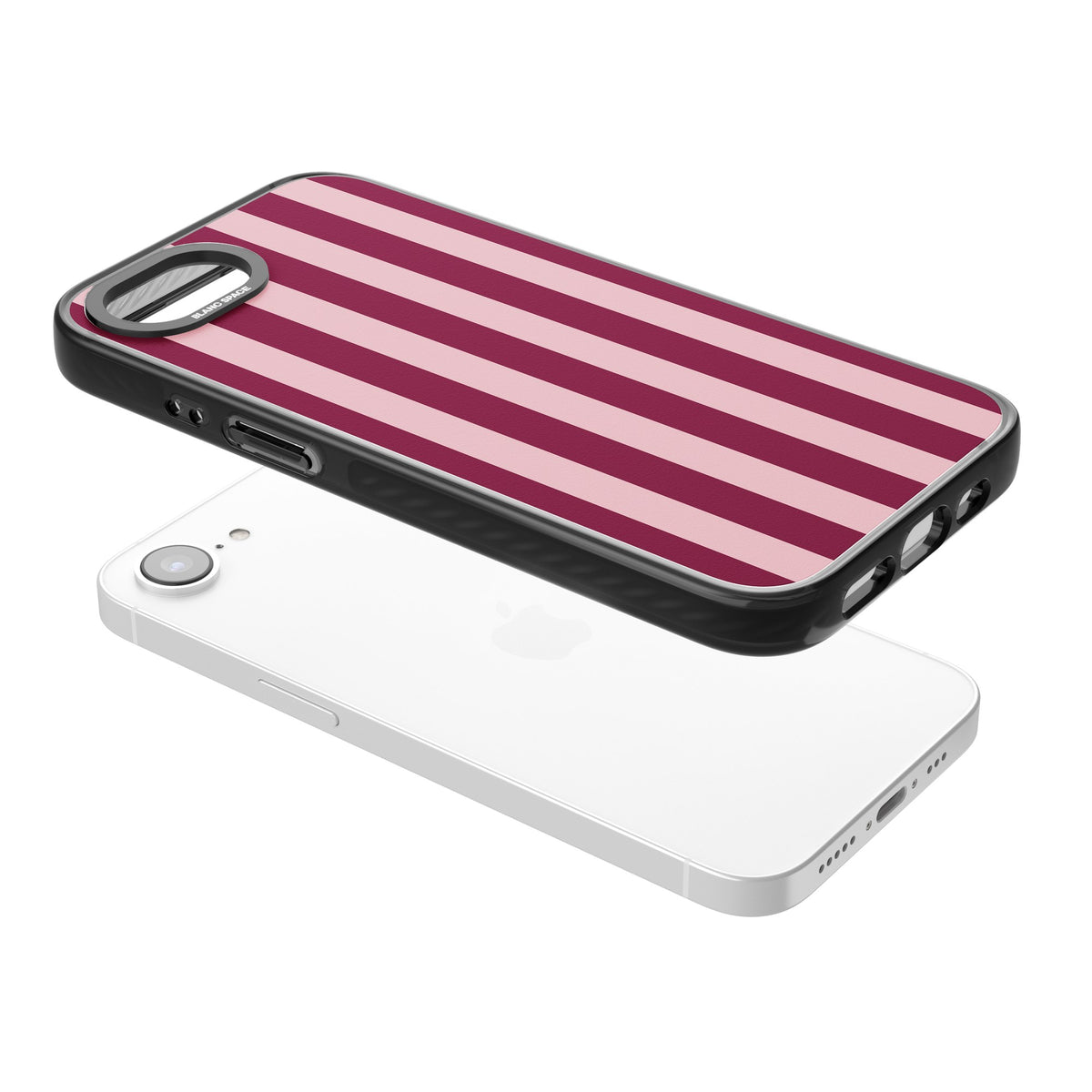 Bordeaux Belle preppy iPhone case featuring bold vertical stripes in burgundy and soft blush pink iPhone 16e / iPhone 16E / iPhone 17e Impact Pro Black Phone Case angled