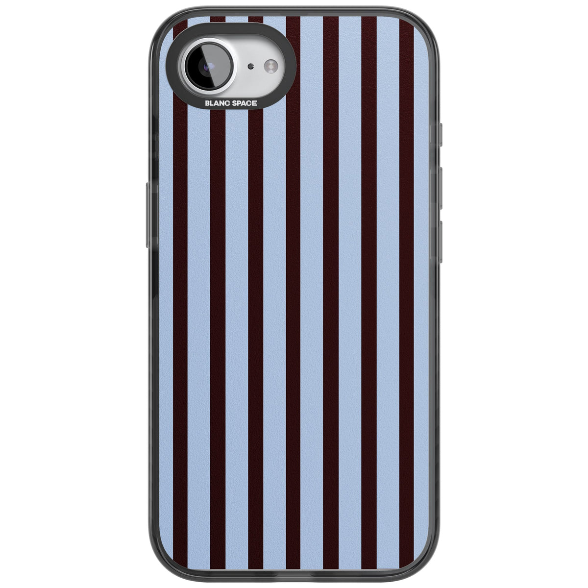Blackcurrant Stripe preppy iPhone case featuring vertical burgundy and light blue stripes in a classic pinstripe layout iPhone 16e / iPhone 16E / iPhone 17e Impact Pro Black Phone Case front