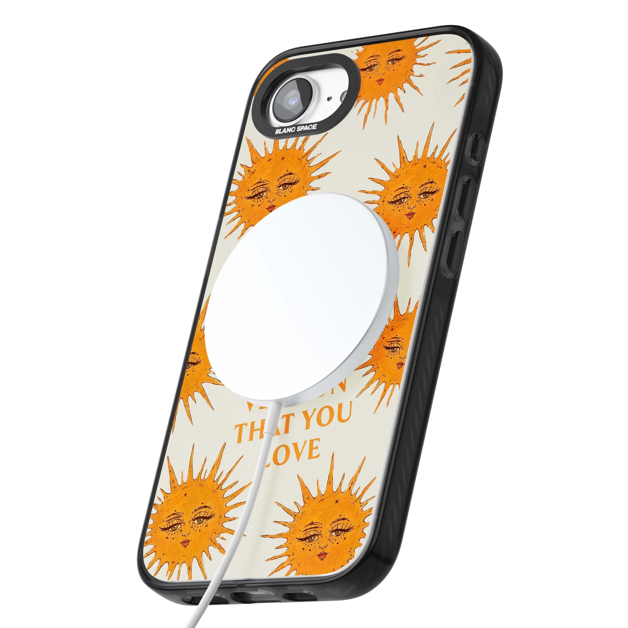 Don't Hate Yourself celestial iPhone case featuring vintage sun faces, ochre rays and a self-love quote | Black Impact Magsafe case for iPhone 16e, iPhone 17e
