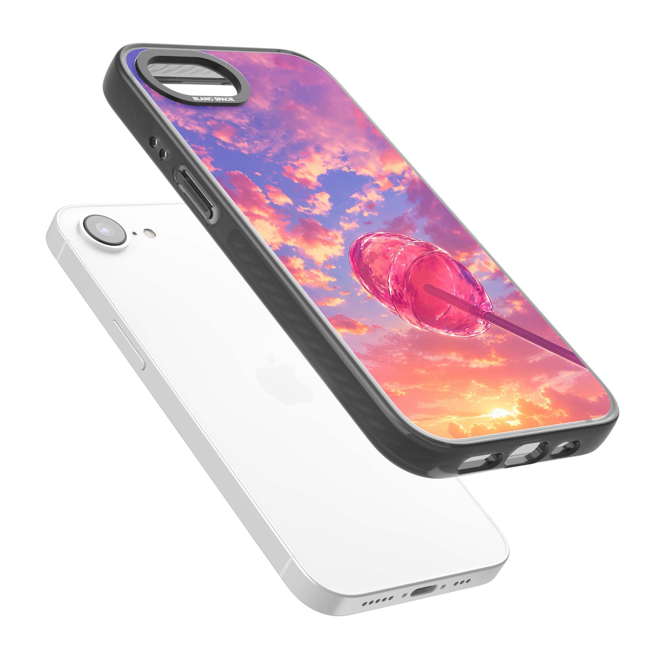 Sugar Sunset candy aesthetic iPhone case featuring a pink lollipop, pastel sunset sky and dreamy clouds | Black Impact Magsafe case for iPhone 16e, iPhone 17e