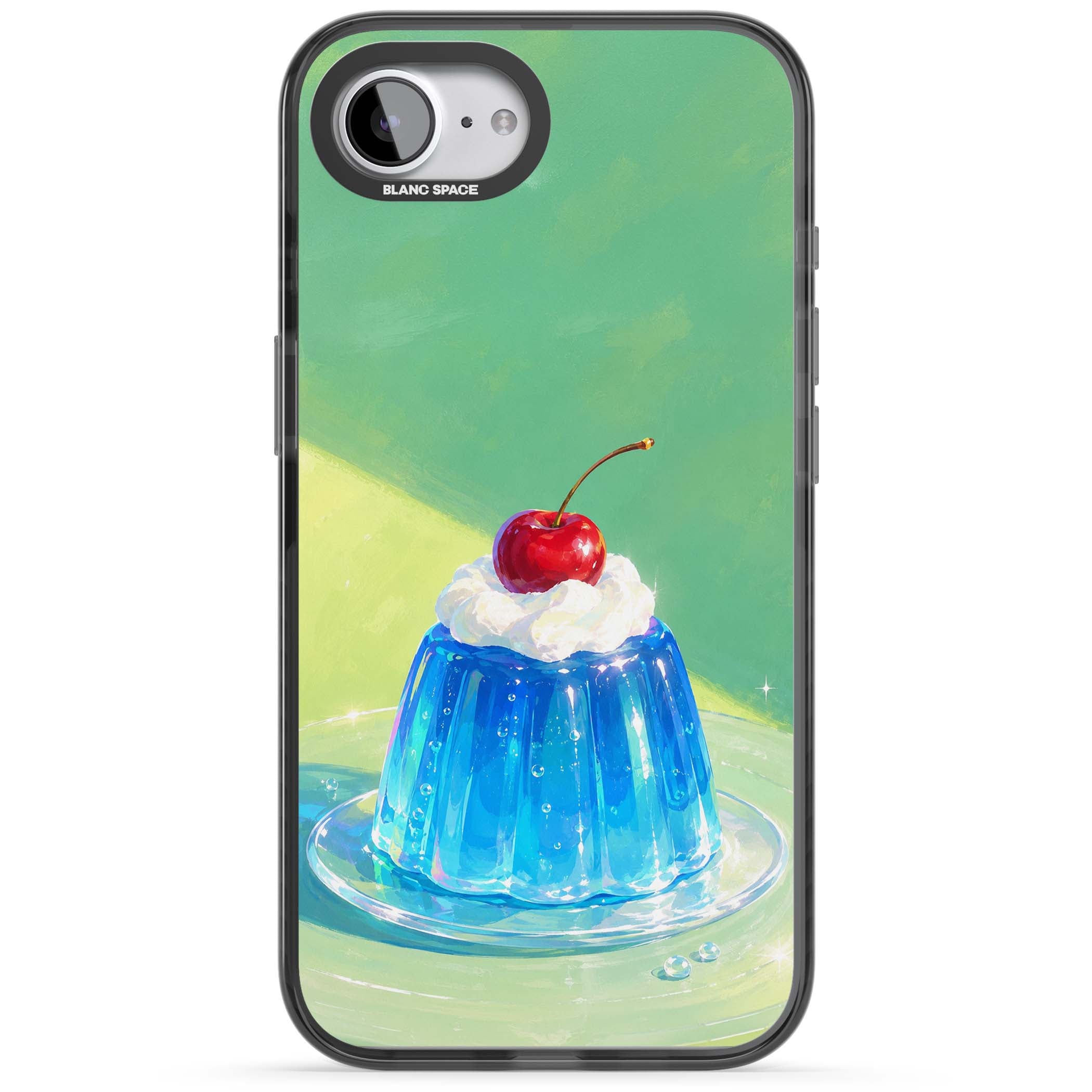 Cherry Jelly kawaii dessert iPhone case featuring blue jelly pudding, whipped cream and a red cherry | Black Impact Magsafe case for iPhone 16e, iPhone 17e