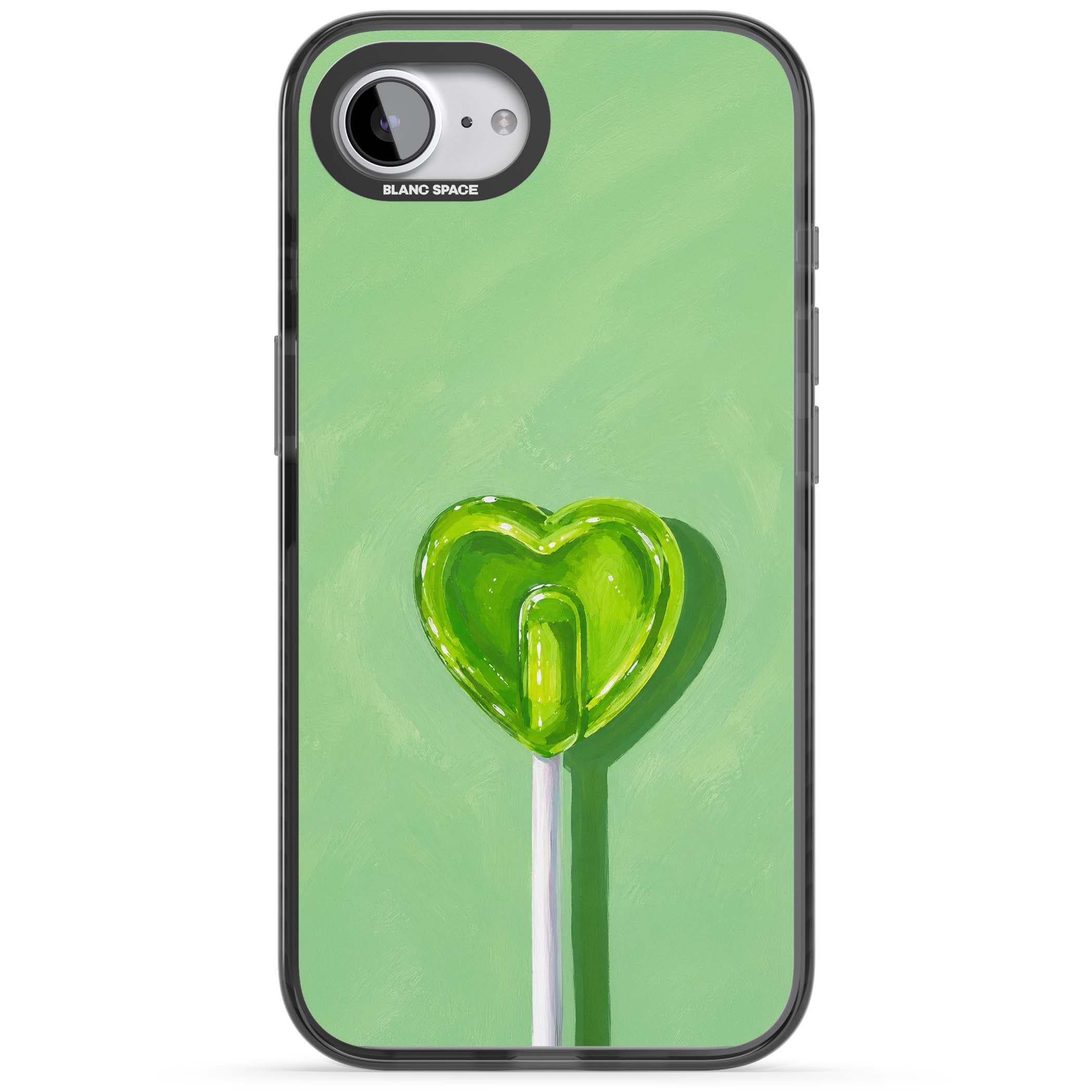 Green Lollipop candy art iPhone case featuring a glossy green heart-shaped lollipop on a painted pastel green background | Black Impact Magsafe case for iPhone 16e, iPhone 17e